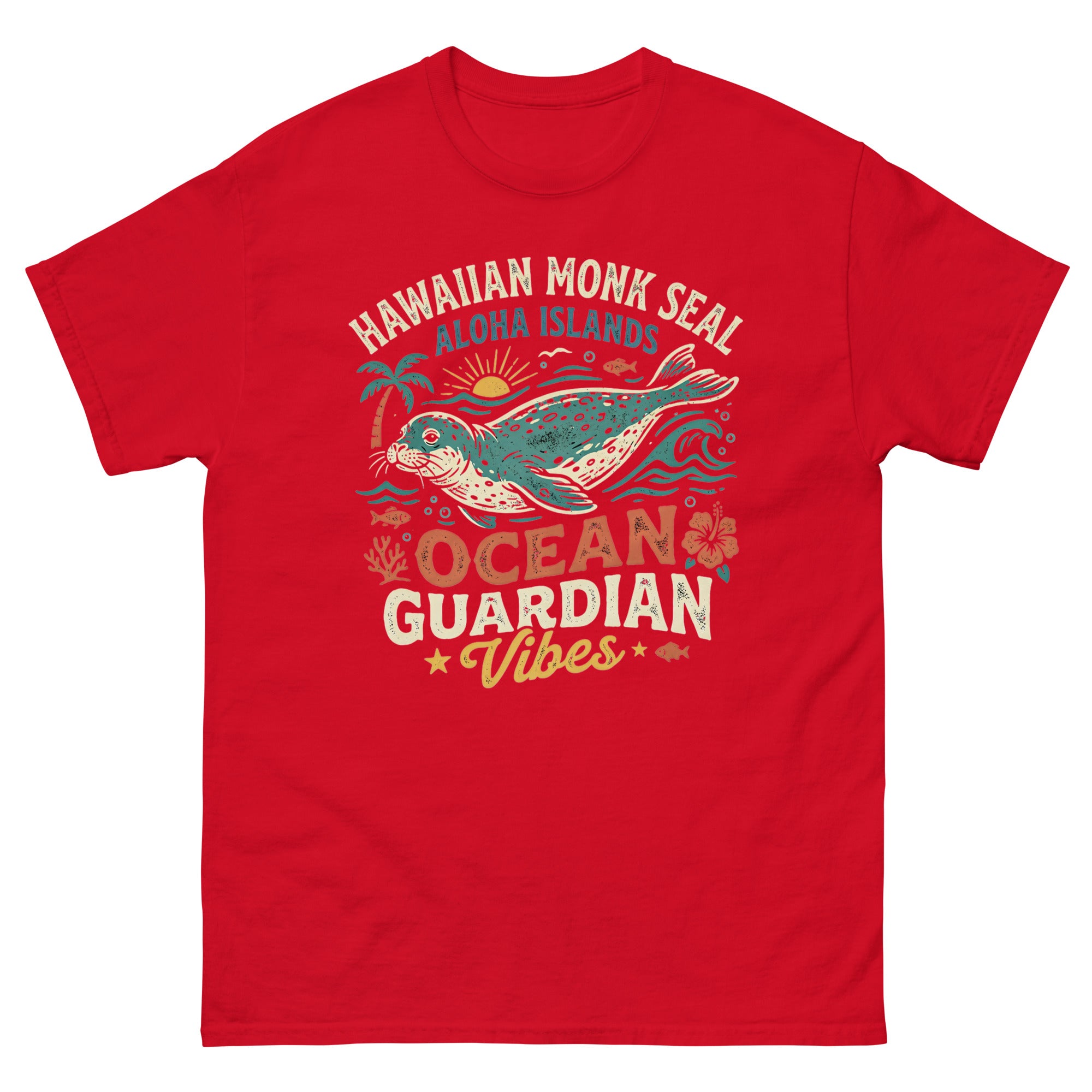 Hawaiian Monk Seal Ocean Guardian Hawaiian t-shirt design on a Red unisex tee