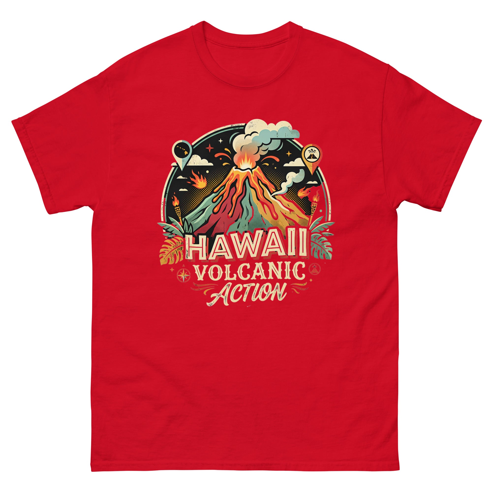 Hawaii Volcanic Action Hawaiian t-shirt design on a Red unisex tee