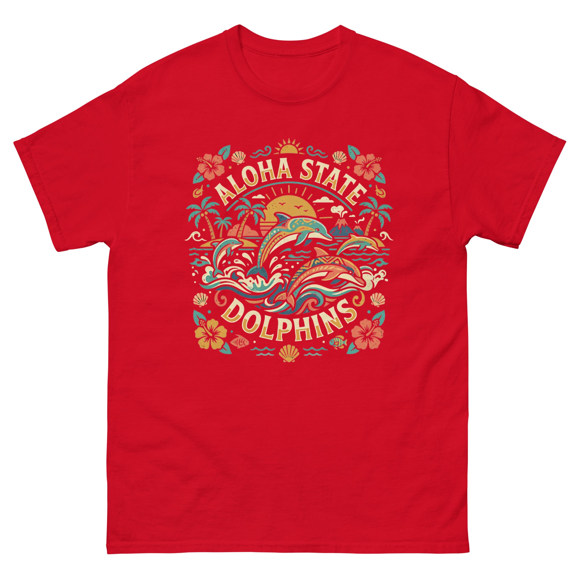 Aloha State Dolphins Hawaiian t-shirt design on a Red unisex tee