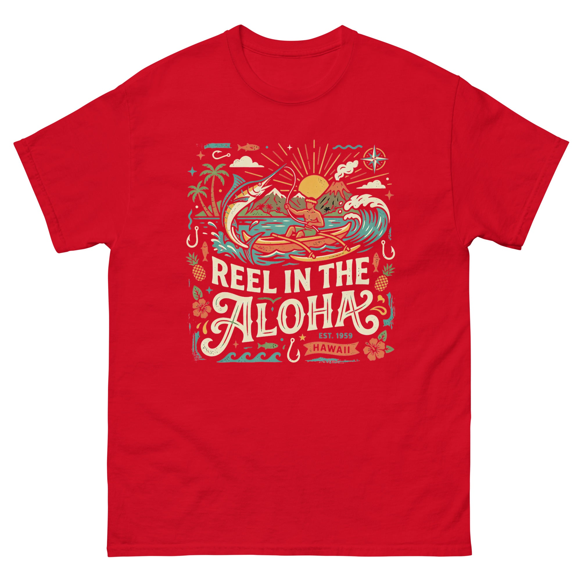 Reel in the Aloha Hawaiian t-shirt design on a Red unisex tee