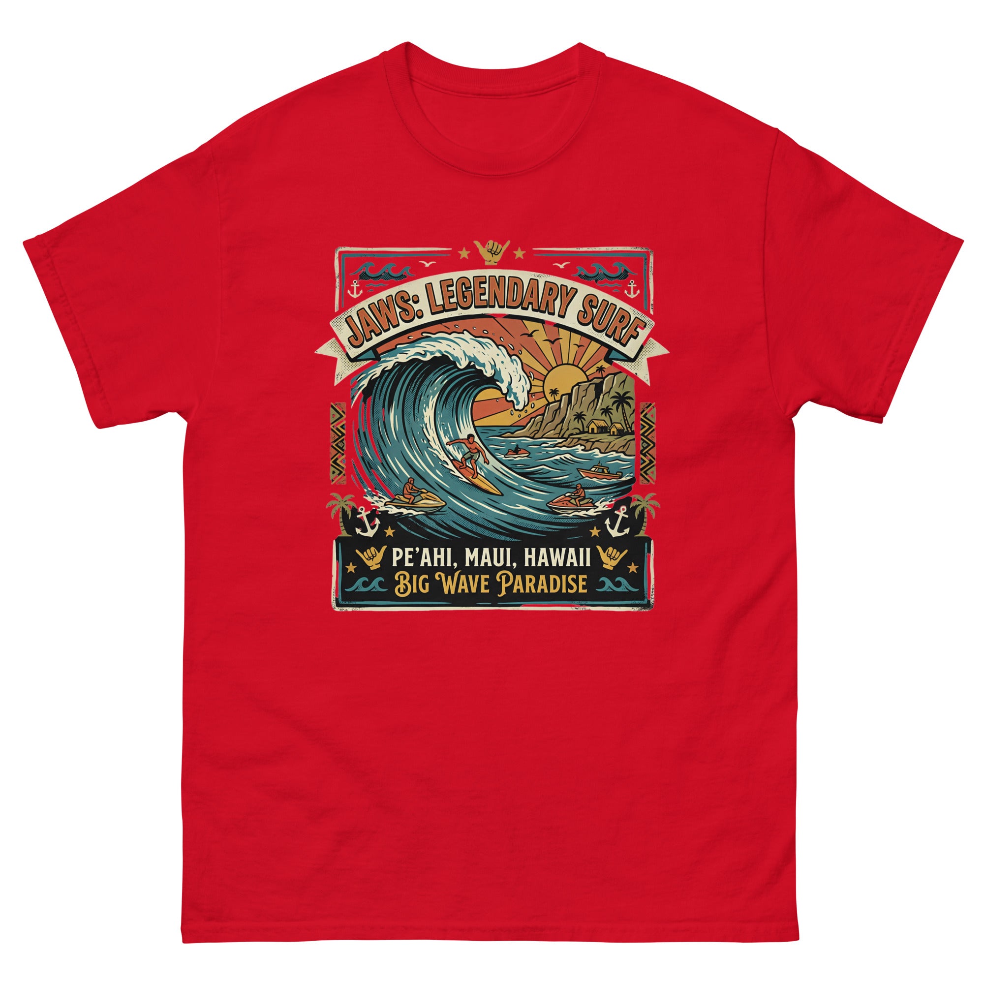 Jaws Legendary Surf Peahi Hawaiian t-shirt design on a Red unisex tee