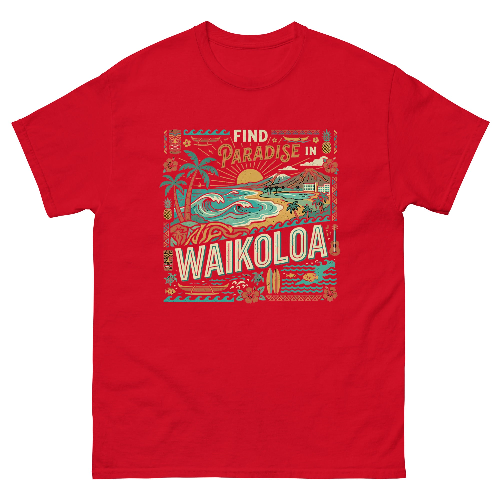 Find Paradise in Waikoloa Hawaiian t-shirt design on a Red unisex tee
