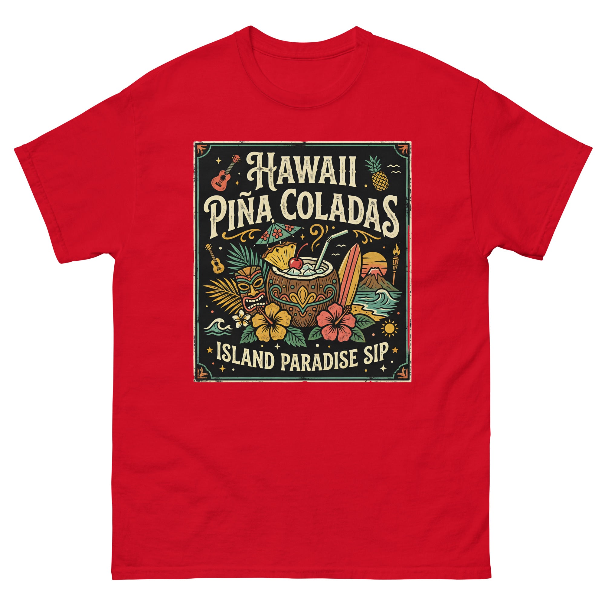 Hawaii Pina Coladas Aloha in a Glass Hawaiian t-shirt design on a Red unisex tee