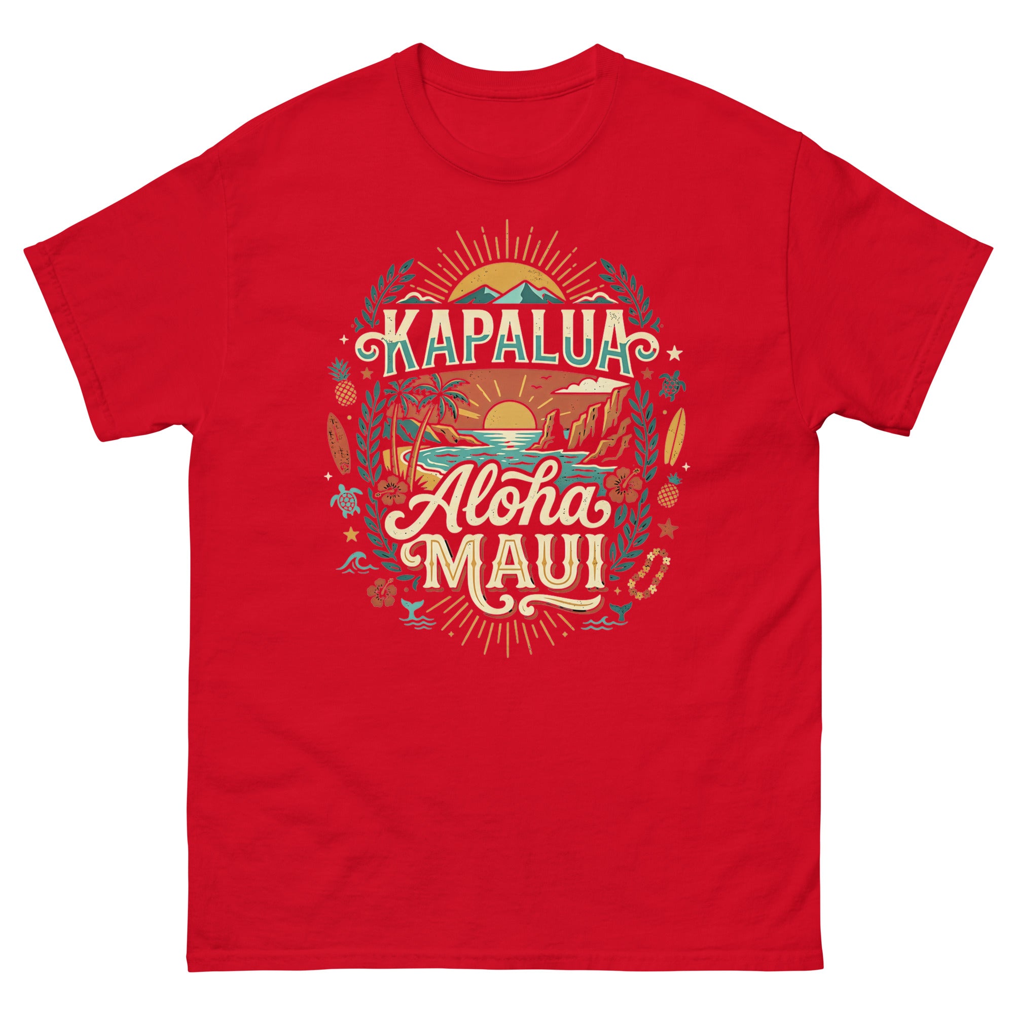 Kapalua Aloha Maui Hawaiian t-shirt design on a Red unisex tee