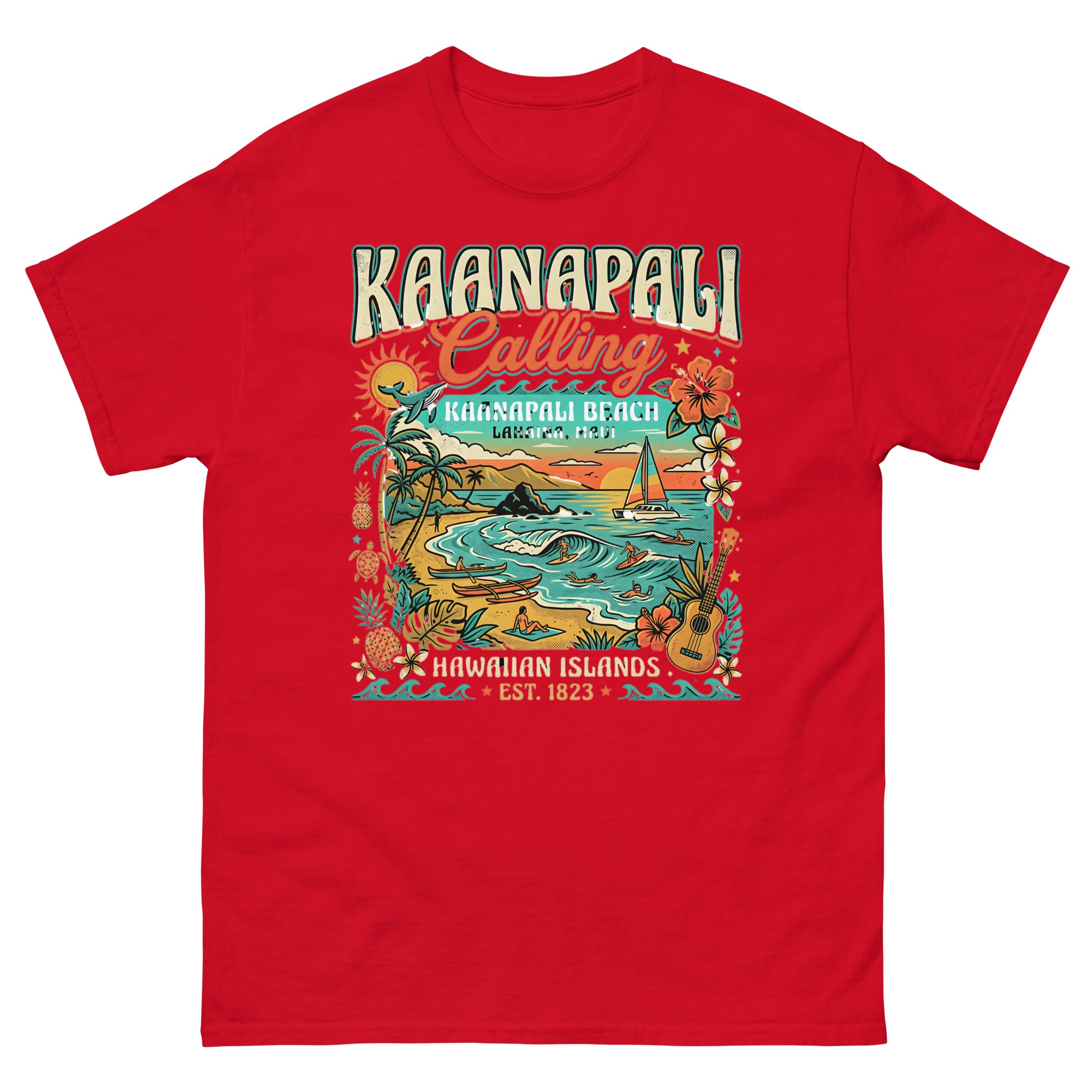 Kaanapali Calling Beach v1 Hawaiian t-shirt design on a Red unisex tee