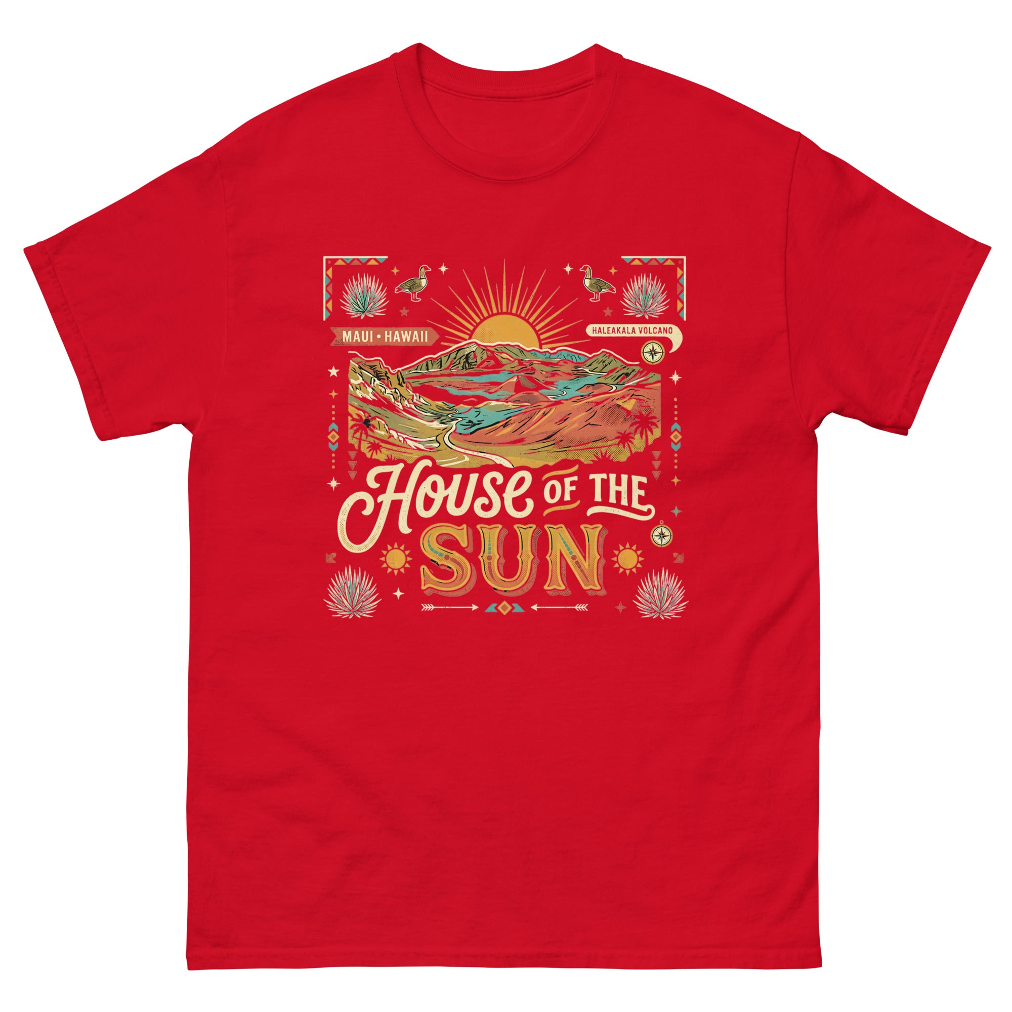 House of the Sun Haleakala Volcano Hawaiian t-shirt design on a Red unisex tee