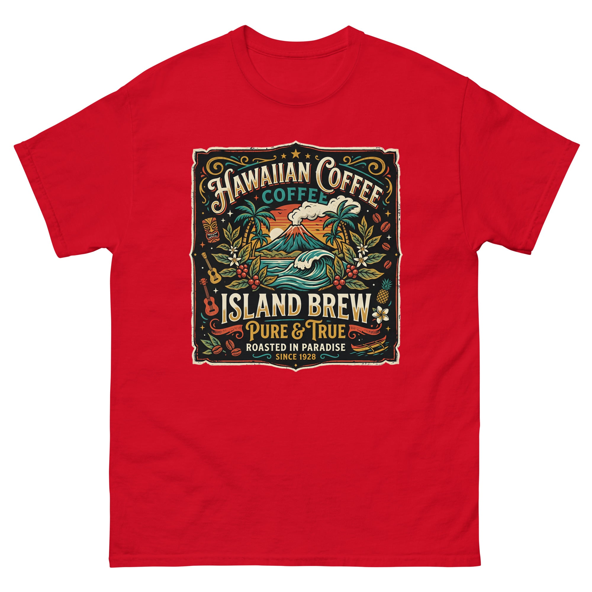 Hawaiian Coffee Island Brew Hawaiian t-shirt design on a Red unisex tee