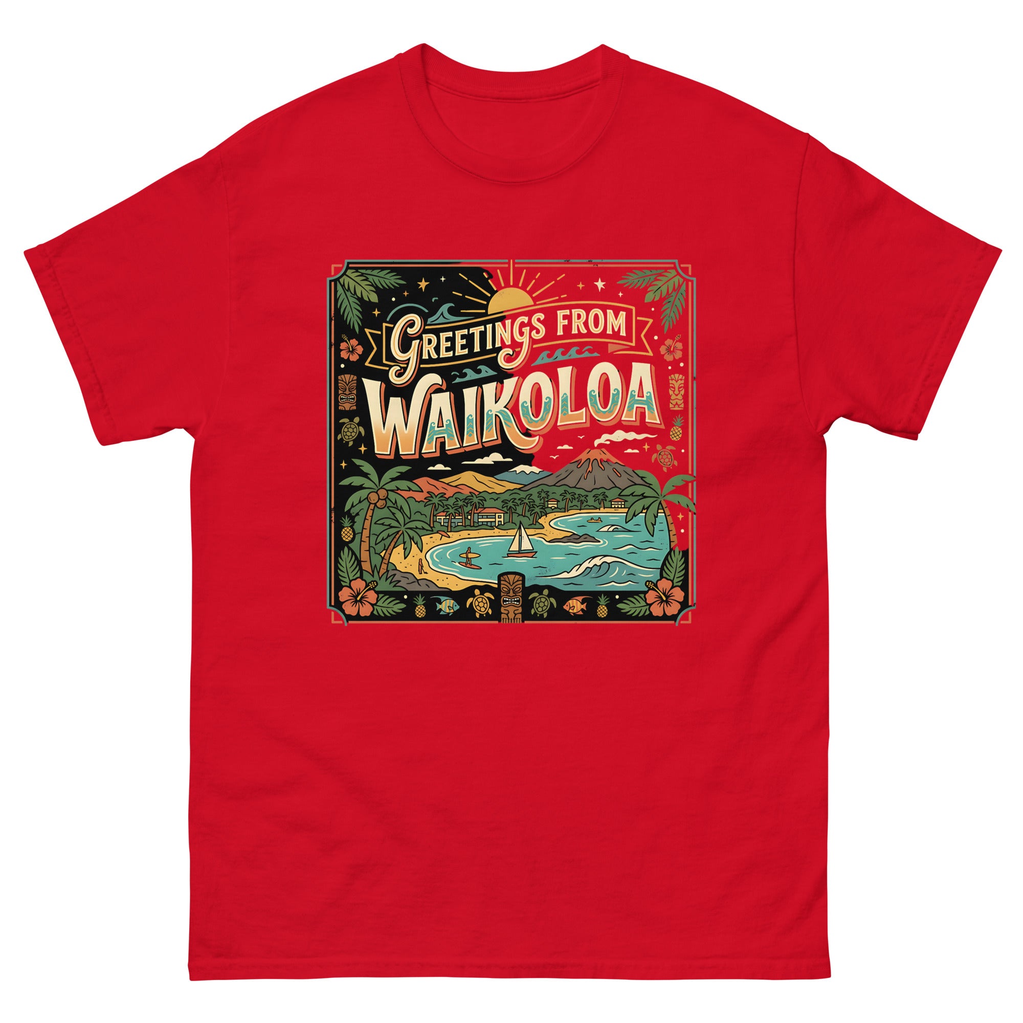 Greetings from Waikoloa Hawaiian t-shirt design on a Red unisex tee