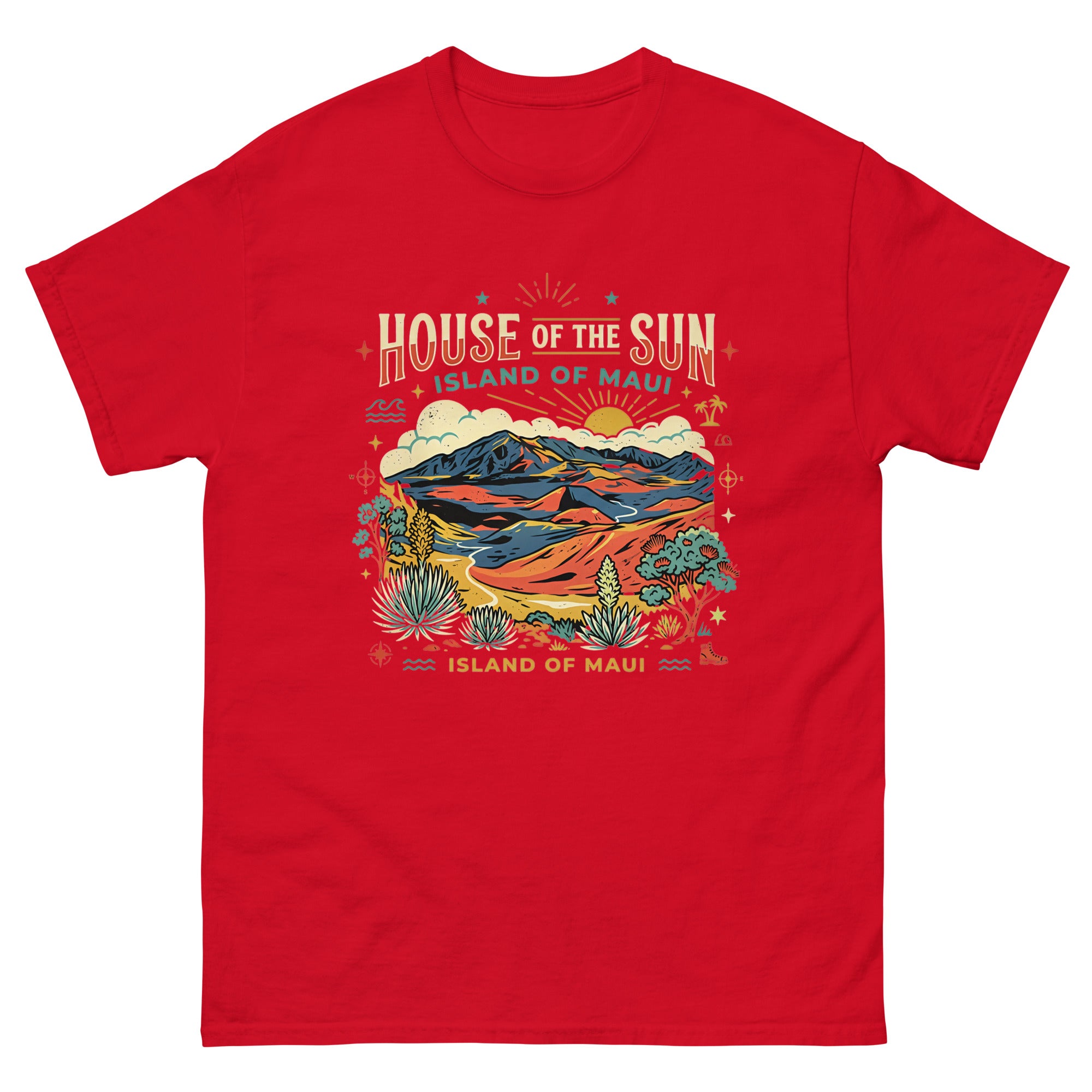 House of the Sun Island of Maui Hawaiian t-shirt design on a Red unisex tee