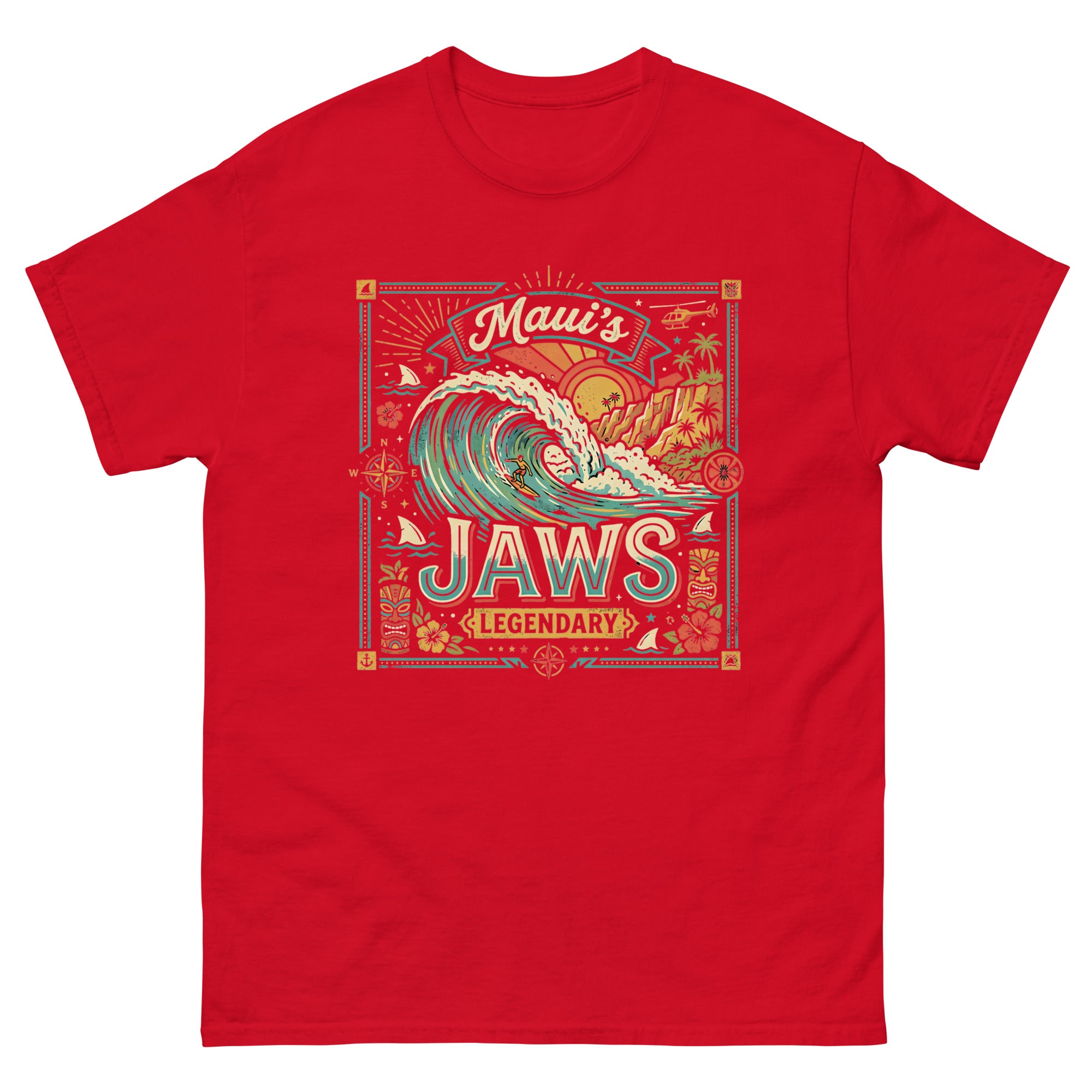 Mauis Jaws Legendary Hawaiian t-shirt design on a Red unisex tee