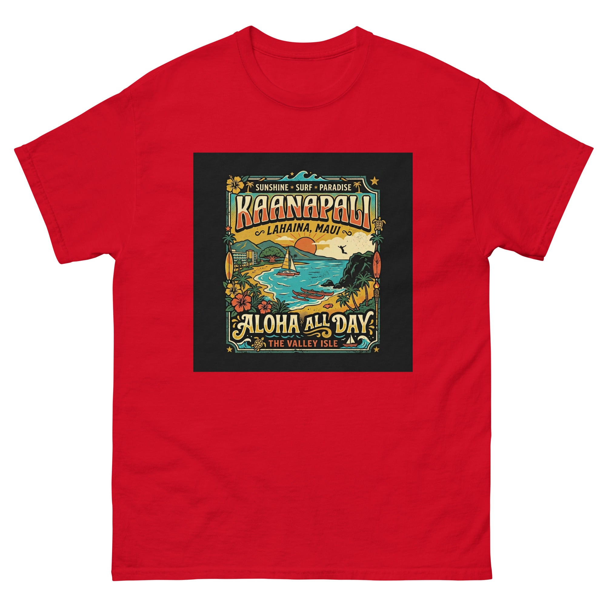 Kaanapali Lahaina Aloha All Day v1 Hawaiian t-shirt design on a Red unisex tee