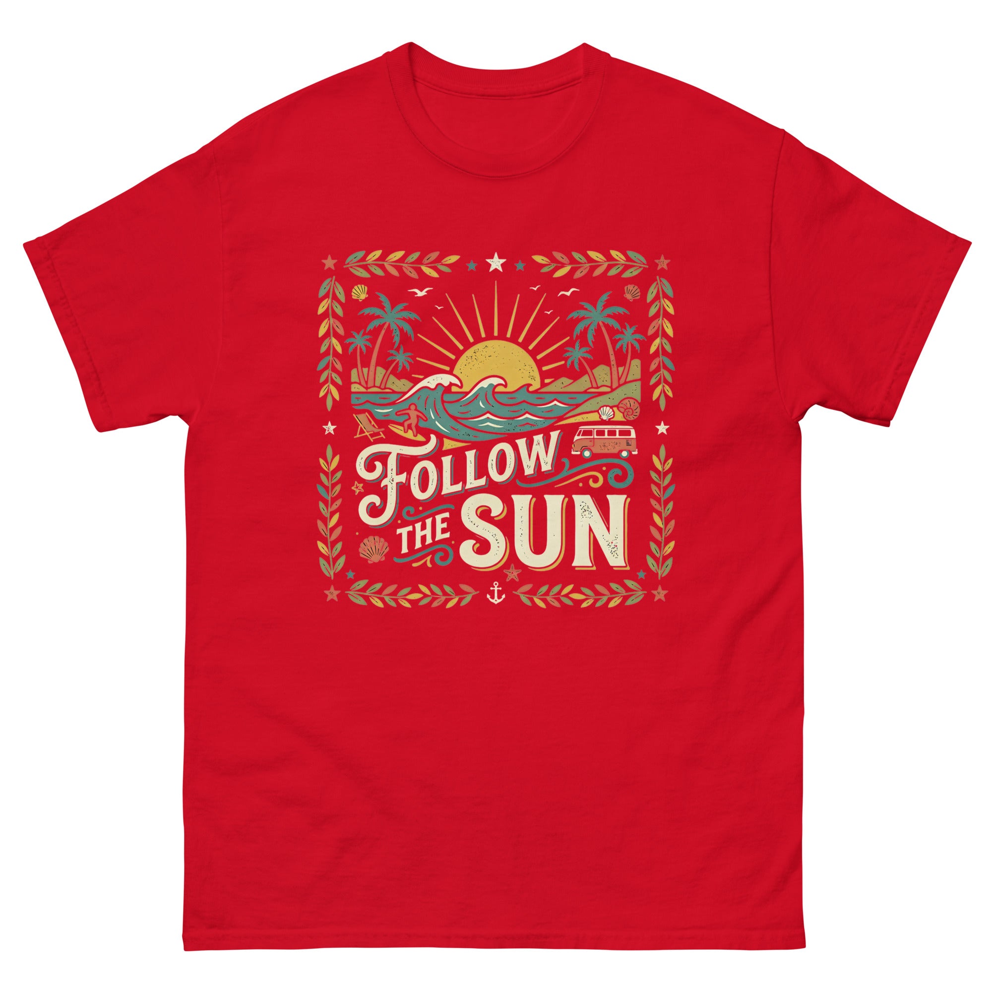 Chasing the Sun v2 Hawaiian t-shirt design on a Red unisex tee