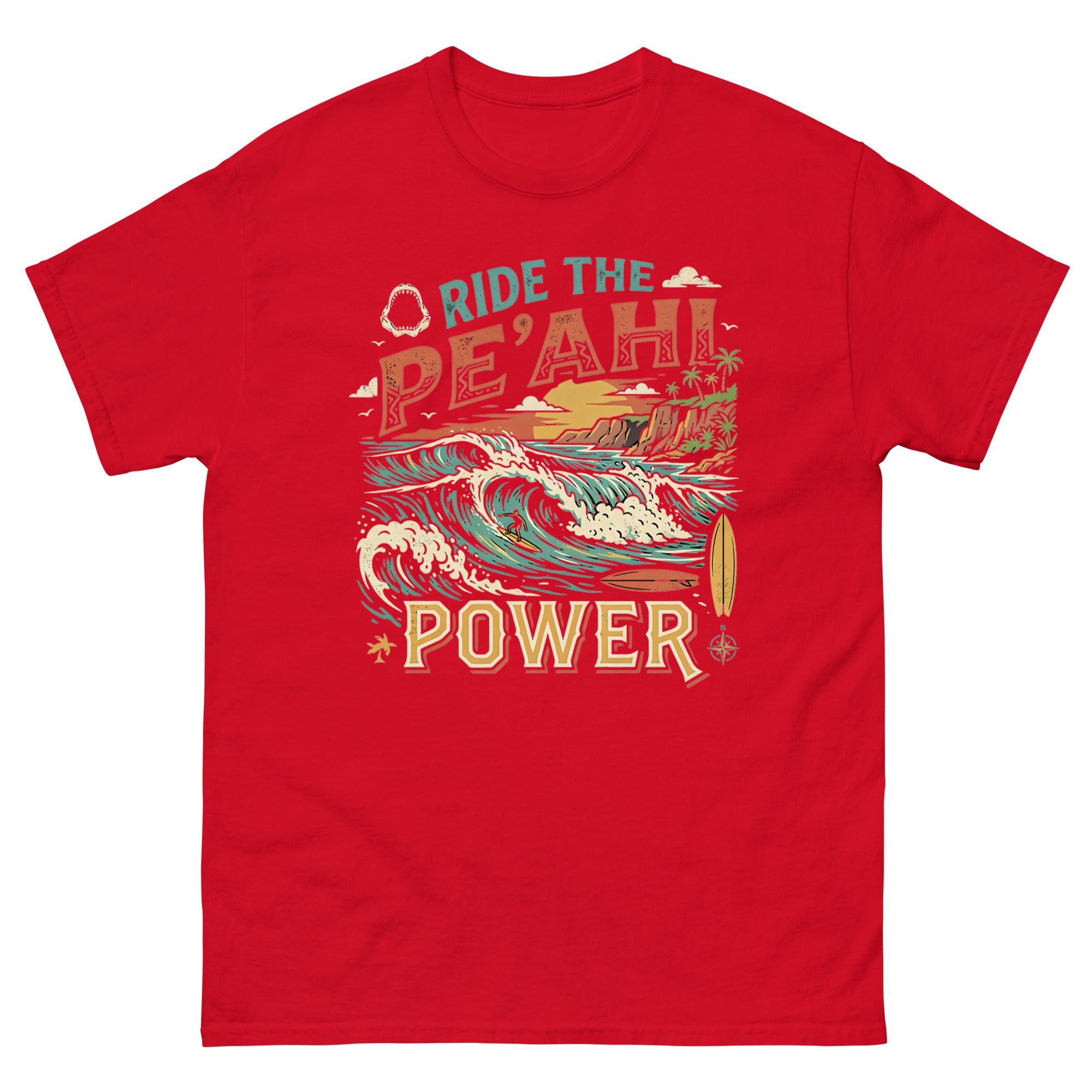 Ride the Peahi Power Hawaiian t-shirt design on a Red unisex tee