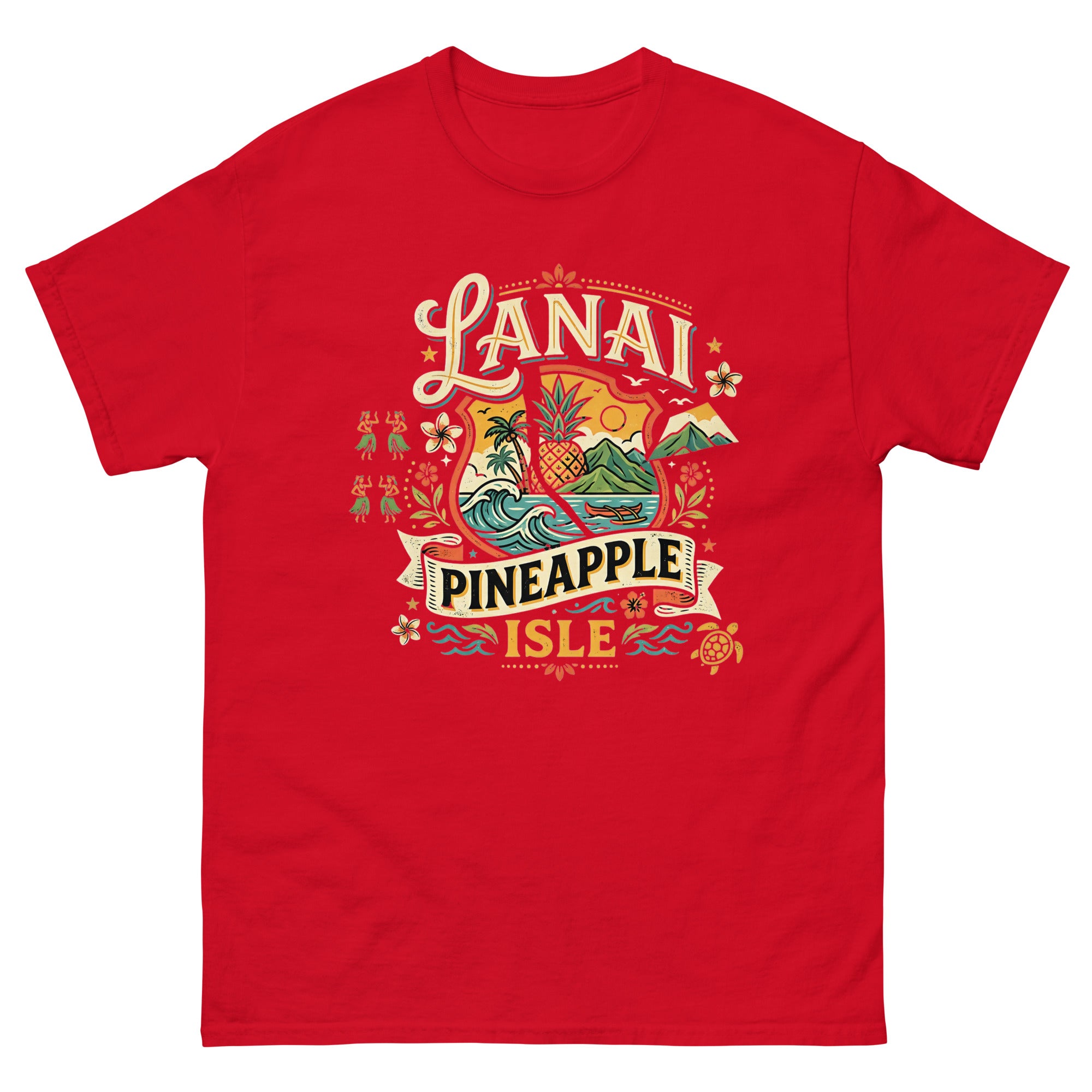 Lanai Pineapple Isle Hawaiian t-shirt design on a Red unisex tee