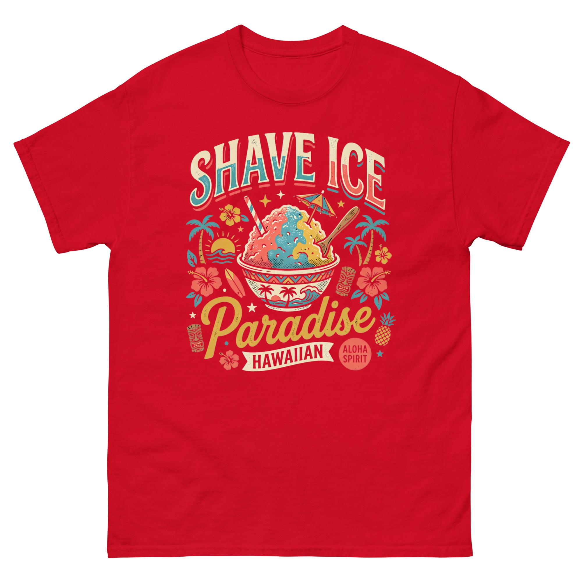 Shave Ice Paradise Hawaiian Aloha Spirit Hawaiian t-shirt design on a Red unisex tee