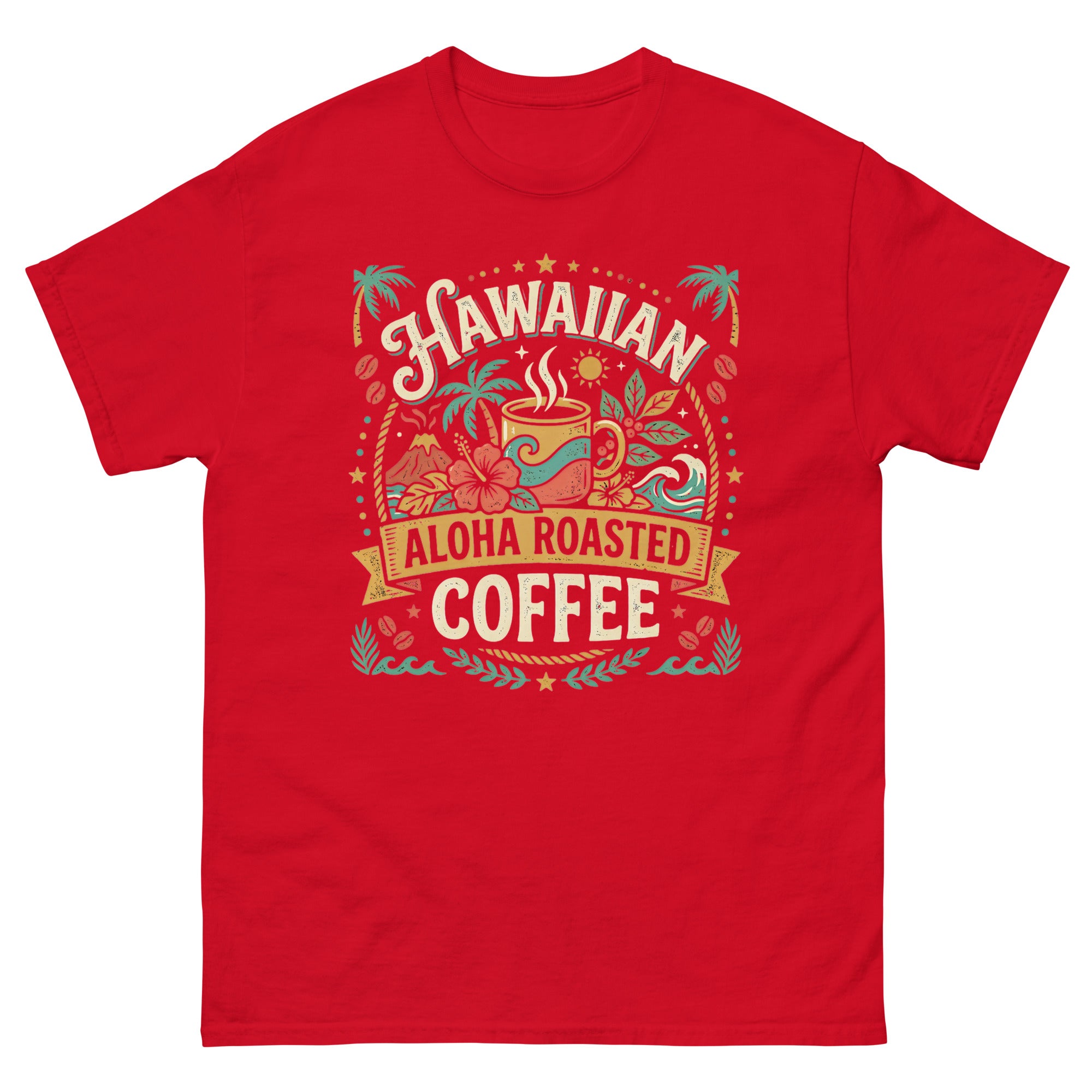 Hawaiian Aloha Roasted Coffee Hawaiian t-shirt design on a Red unisex tee