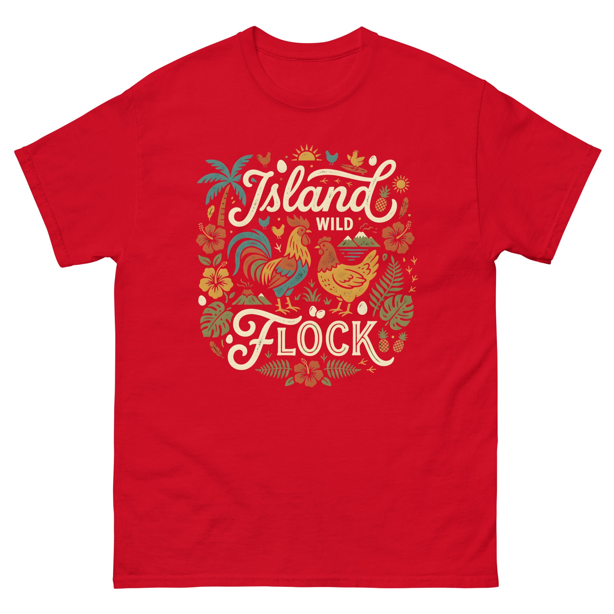 Island Wild Flock Hawaiian t-shirt design on a Red unisex tee