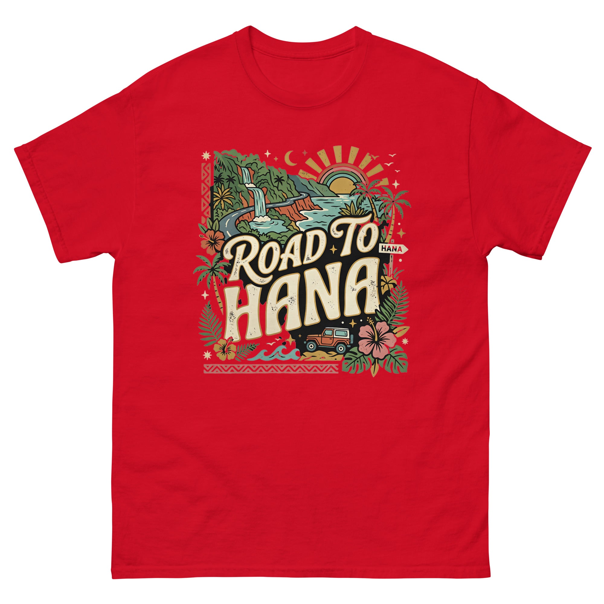 Road to Hana Jeep Hawaiian t-shirt design on a Red unisex tee