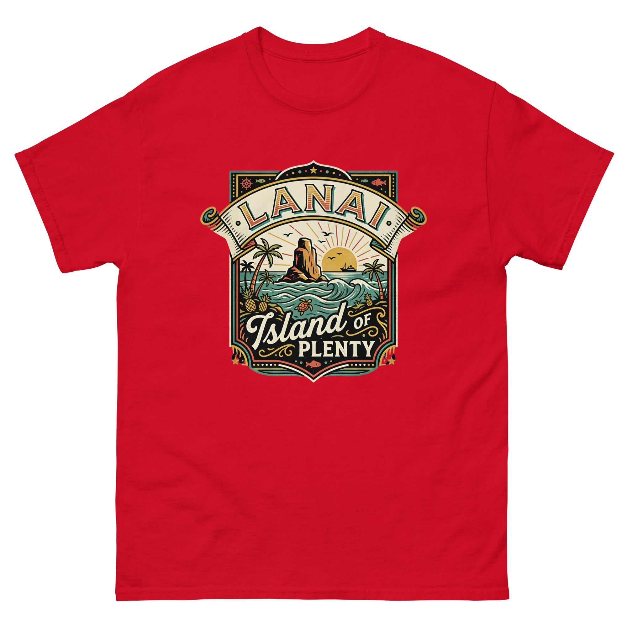 Lanai Island of Plenty Hawaiian t-shirt design on a Red unisex tee