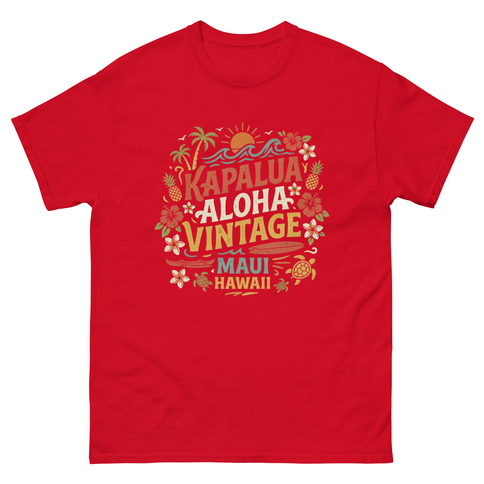 Kapalua Aloha Vintage Maui Hawaiian t-shirt design on a Red unisex tee
