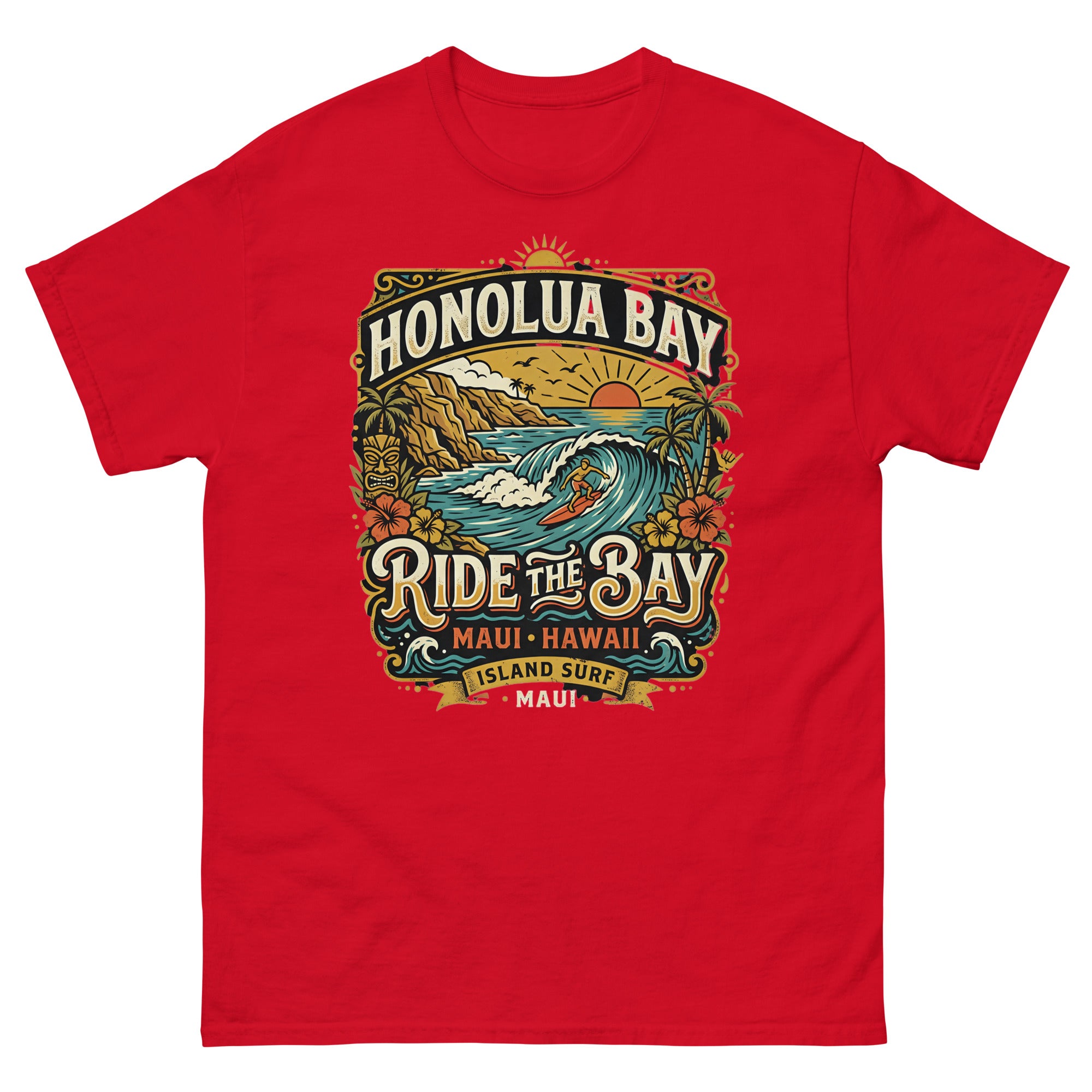 Honolua Bay Ride the Bay Hawaiian t-shirt design on a Red unisex tee