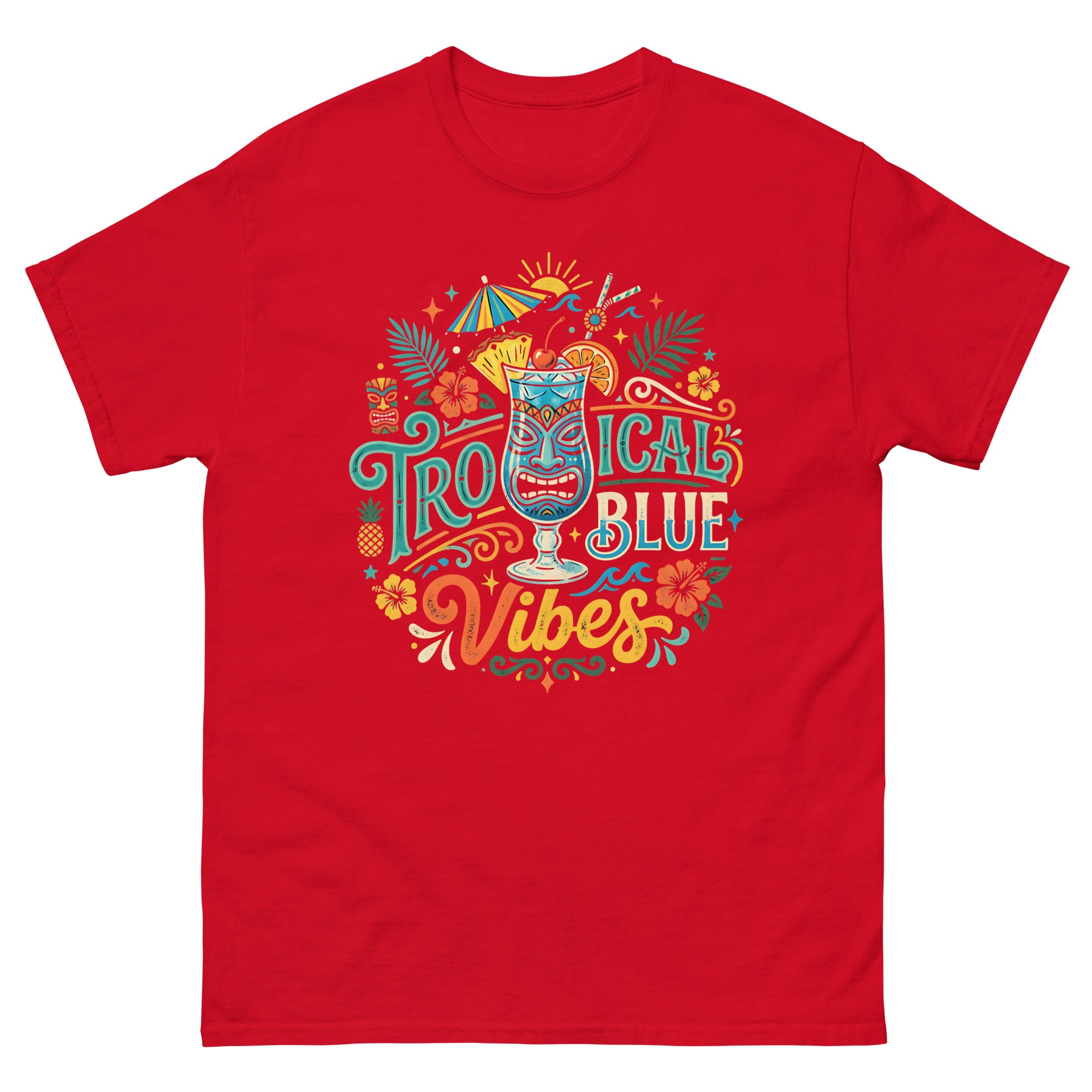 Blue Hawaii Island Paradise v4 Hawaiian t-shirt design on a Red unisex tee