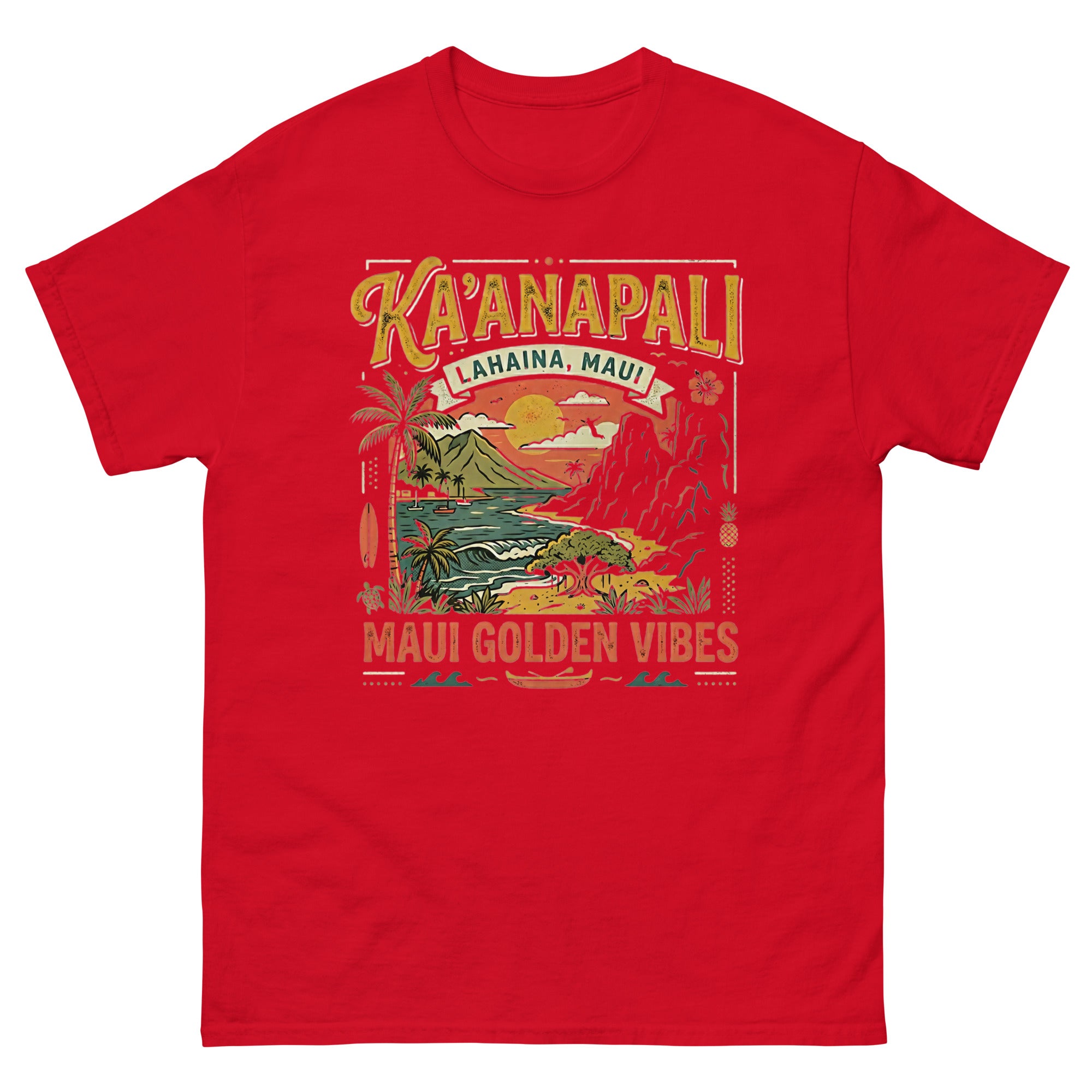 Kaanapali Lahaina Maui Golden Vibes v2 Hawaiian t-shirt design on a Red unisex tee