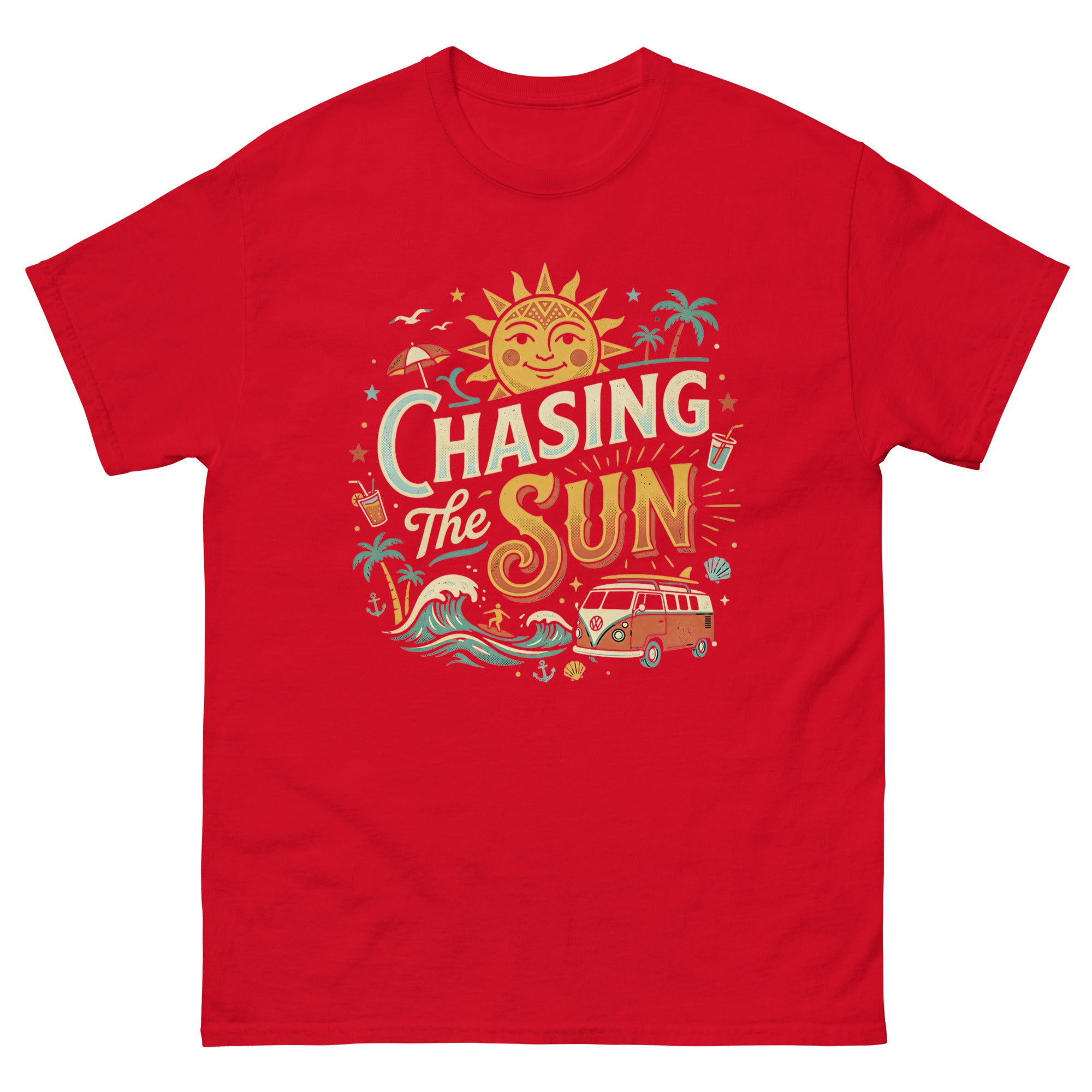 Chasing the Sun v1 Hawaiian t-shirt design on a Red unisex tee
