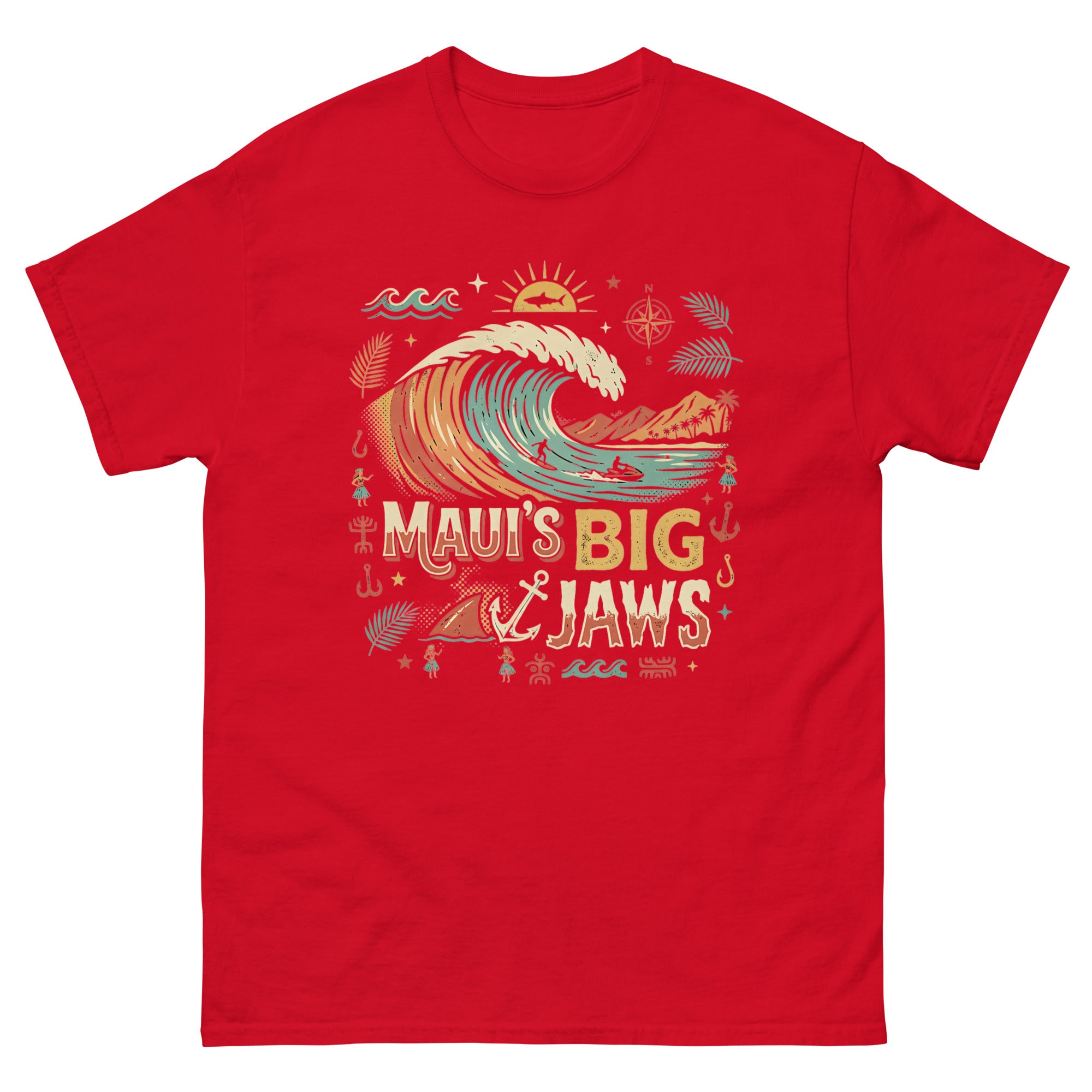 Mauis Big Jaws Hawaiian t-shirt design on a Red unisex tee