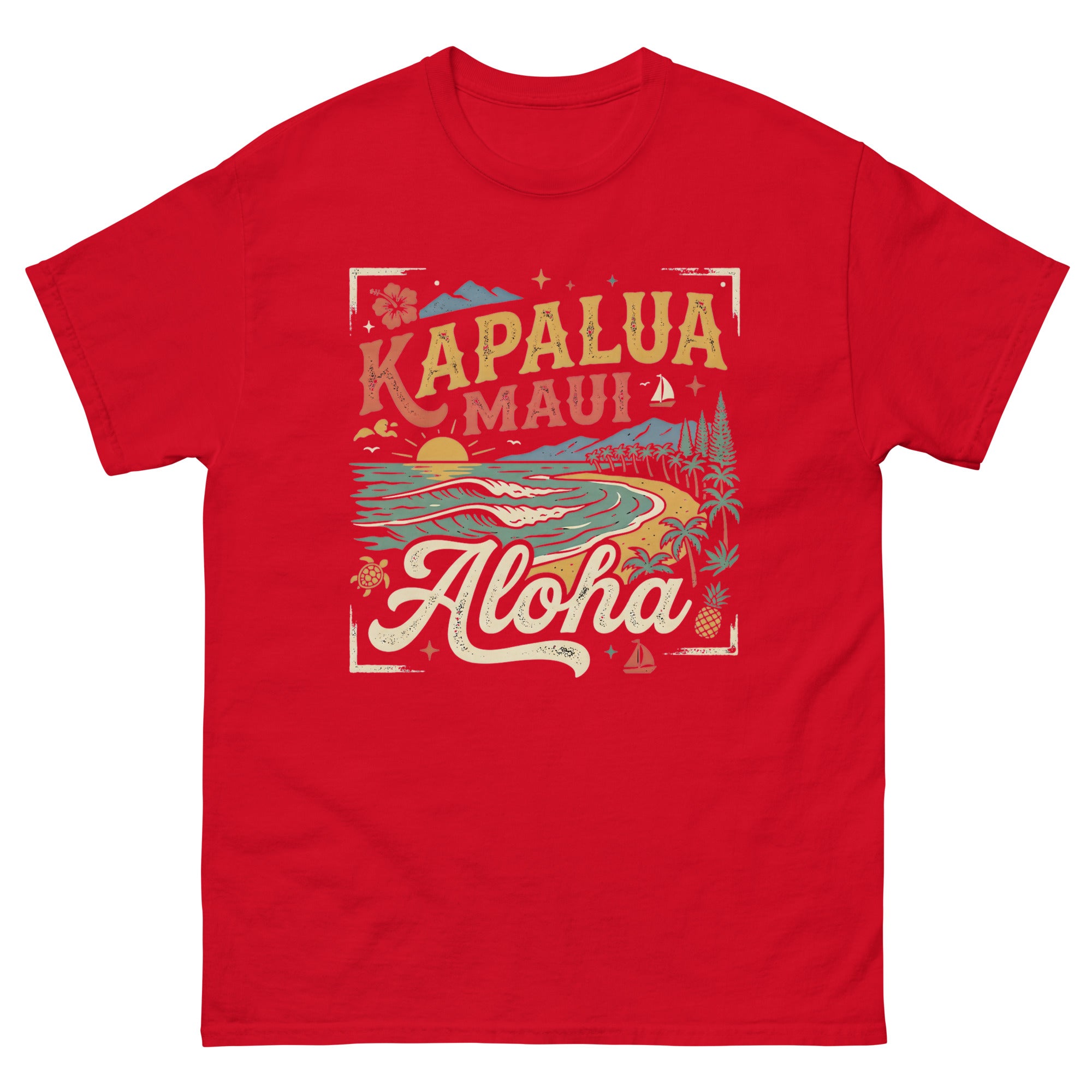 Kapalua Maui Aloha Hawaiian t-shirt design on a Red unisex tee