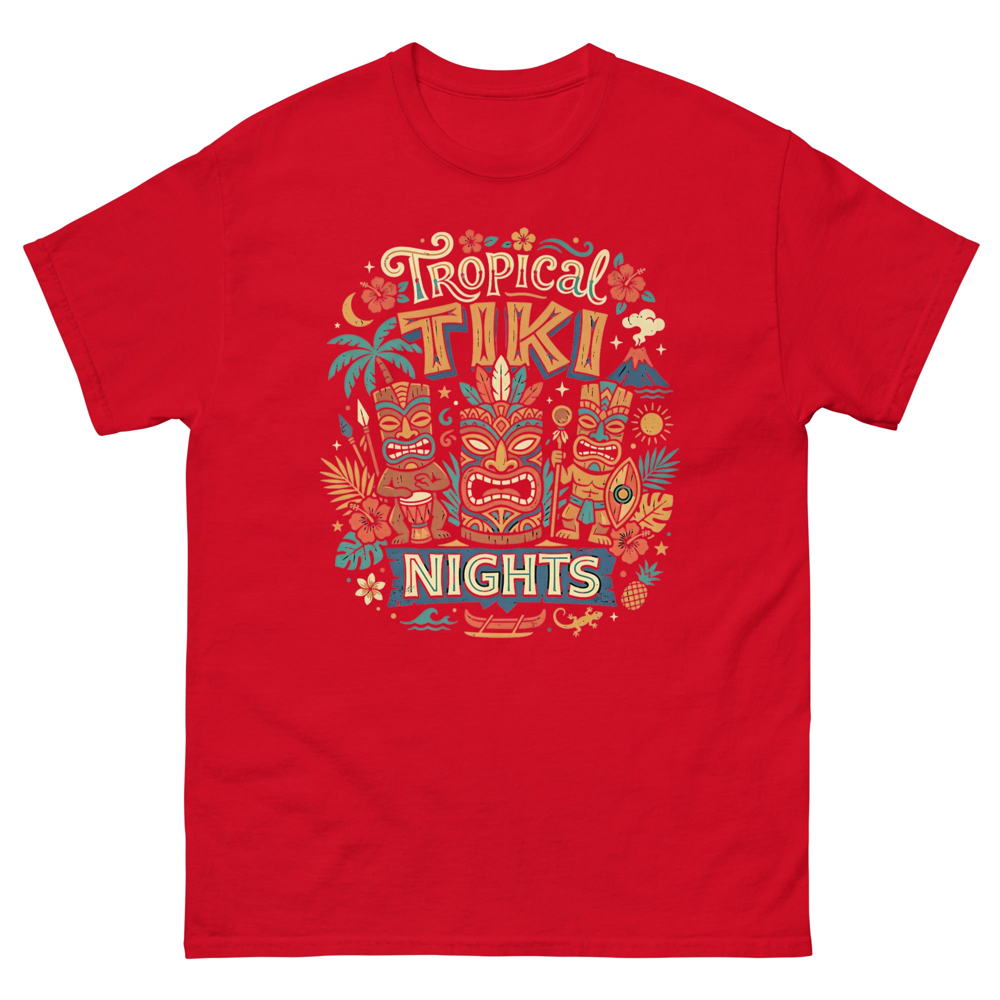 Tropical Tiki Nights v1 Hawaiian t-shirt design on a Red unisex tee