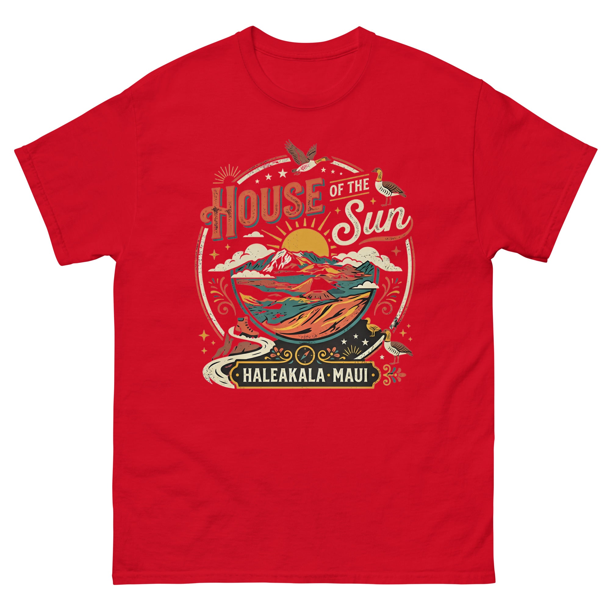 House of the Sun Haleakala Maui Hawaiian t-shirt design on a Red unisex tee