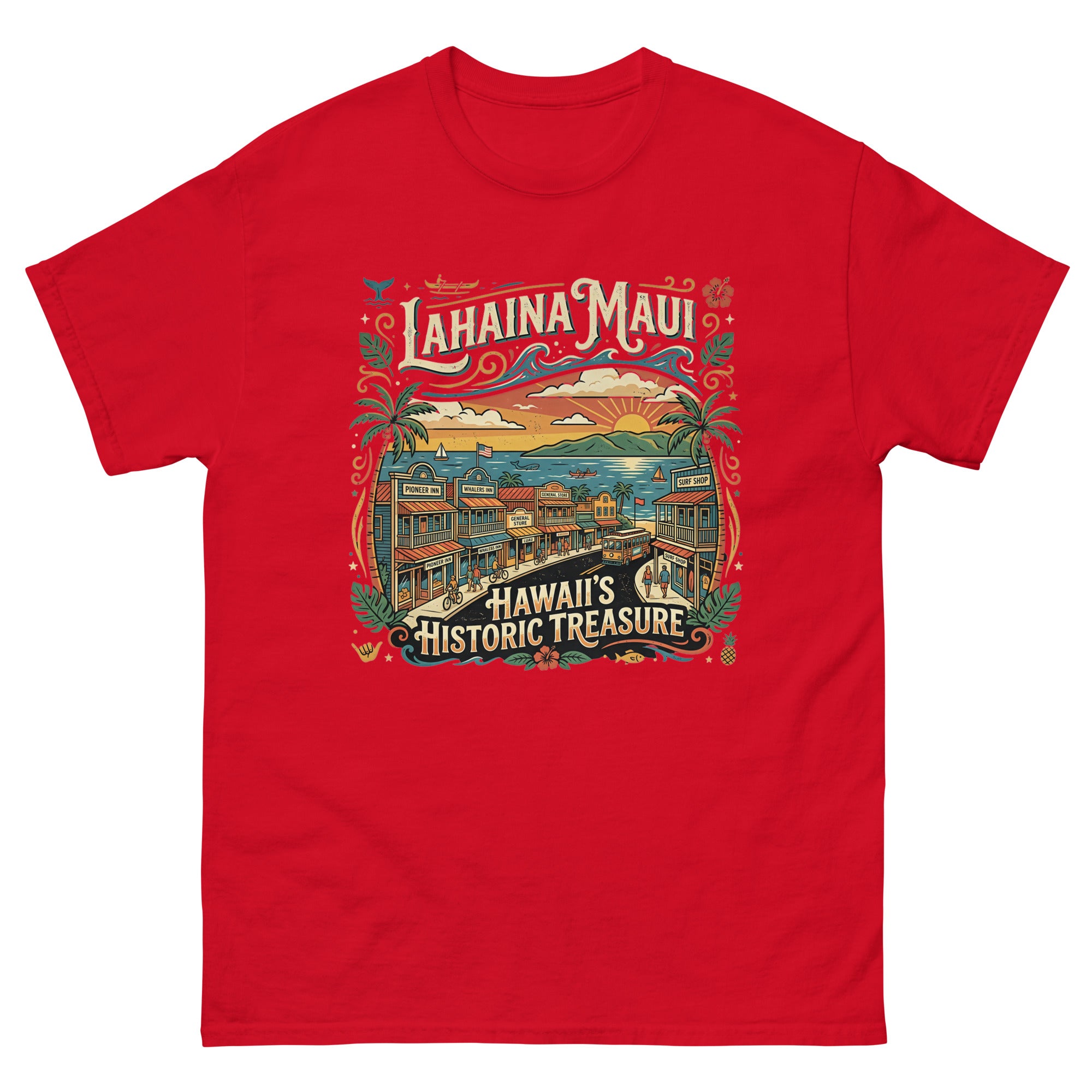 Lahaina Maui Historic Treasure Hawaiian t-shirt design on a Red unisex tee