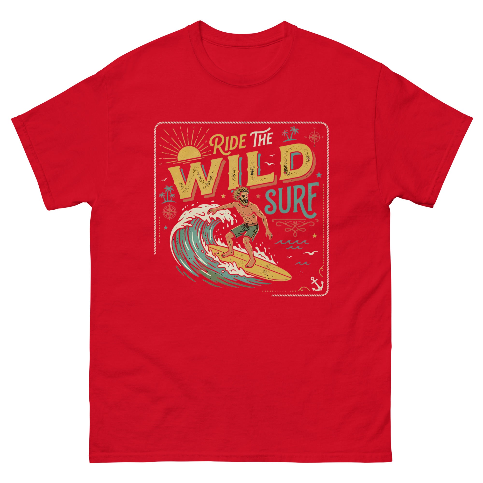 Ride the Wild Surf Hawaiian t-shirt design on a Red unisex tee