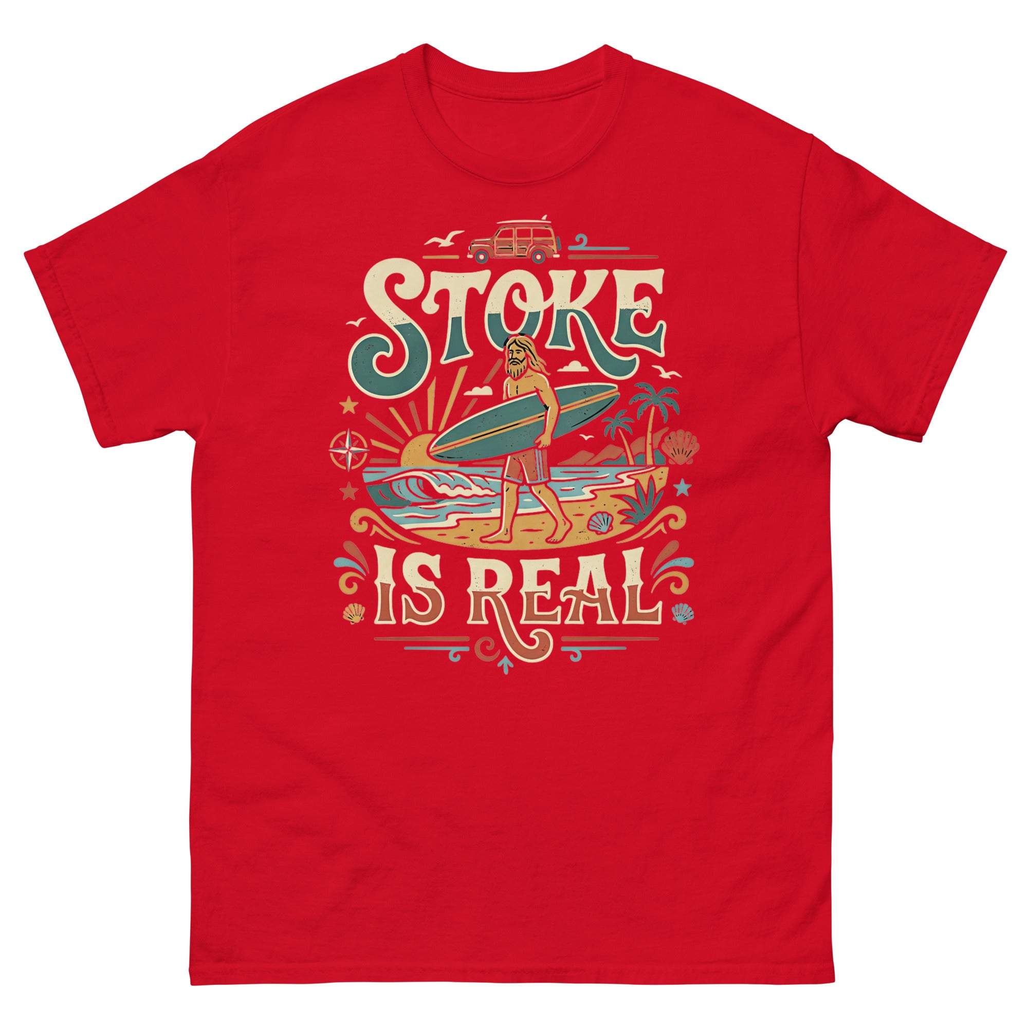 Stoke Is Real v3 Hawaiian t-shirt design on a Red unisex tee