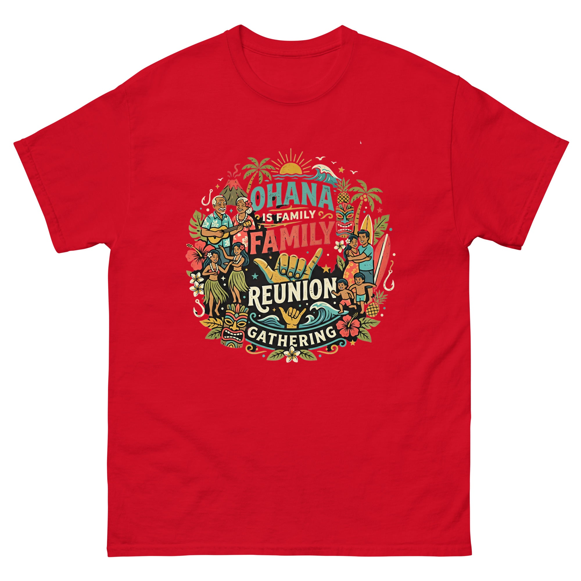 Ohana Family Reunion Hawaiian t-shirt design on a Red unisex tee