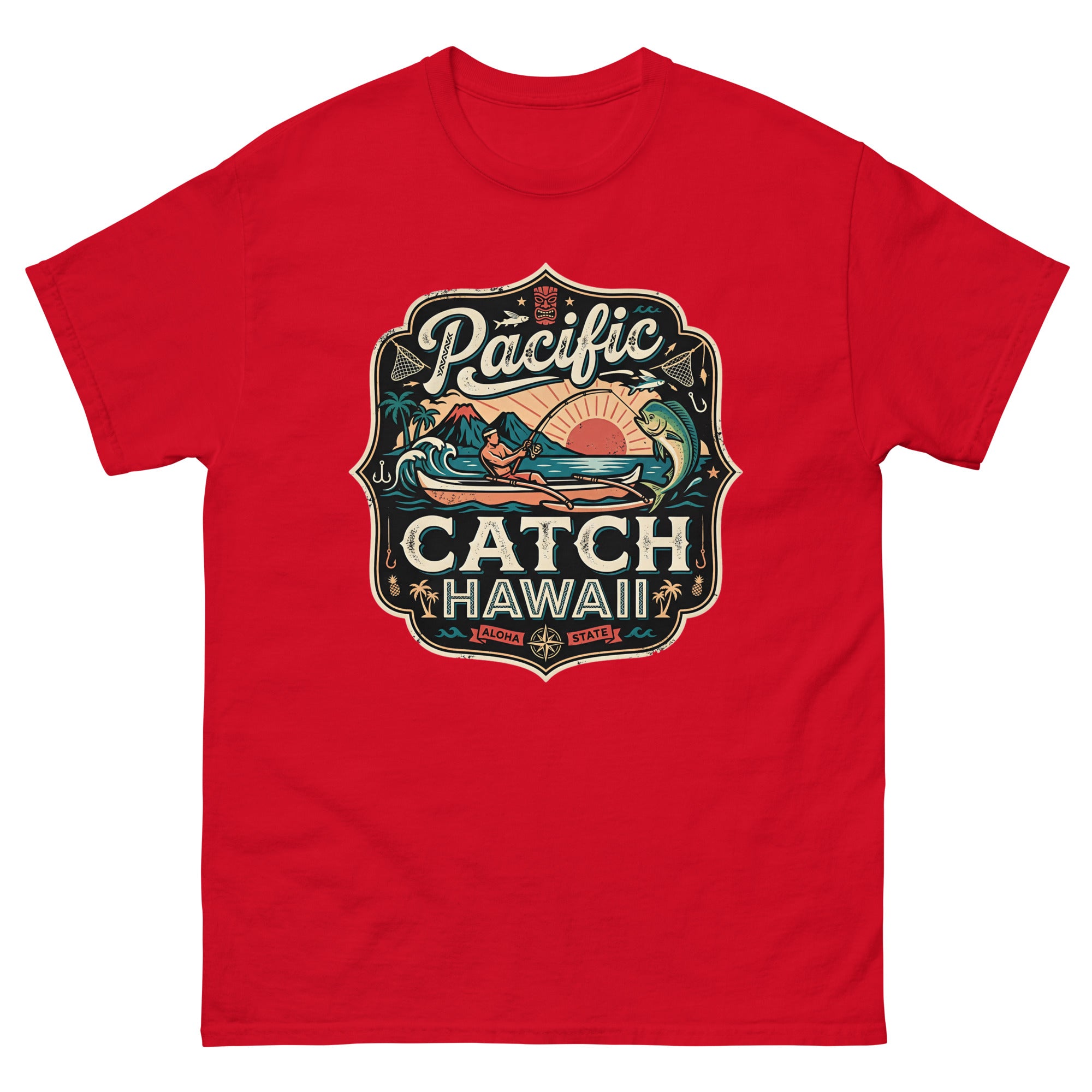 Pacific Catch Hawaii Hawaiian t-shirt design on a Red unisex tee