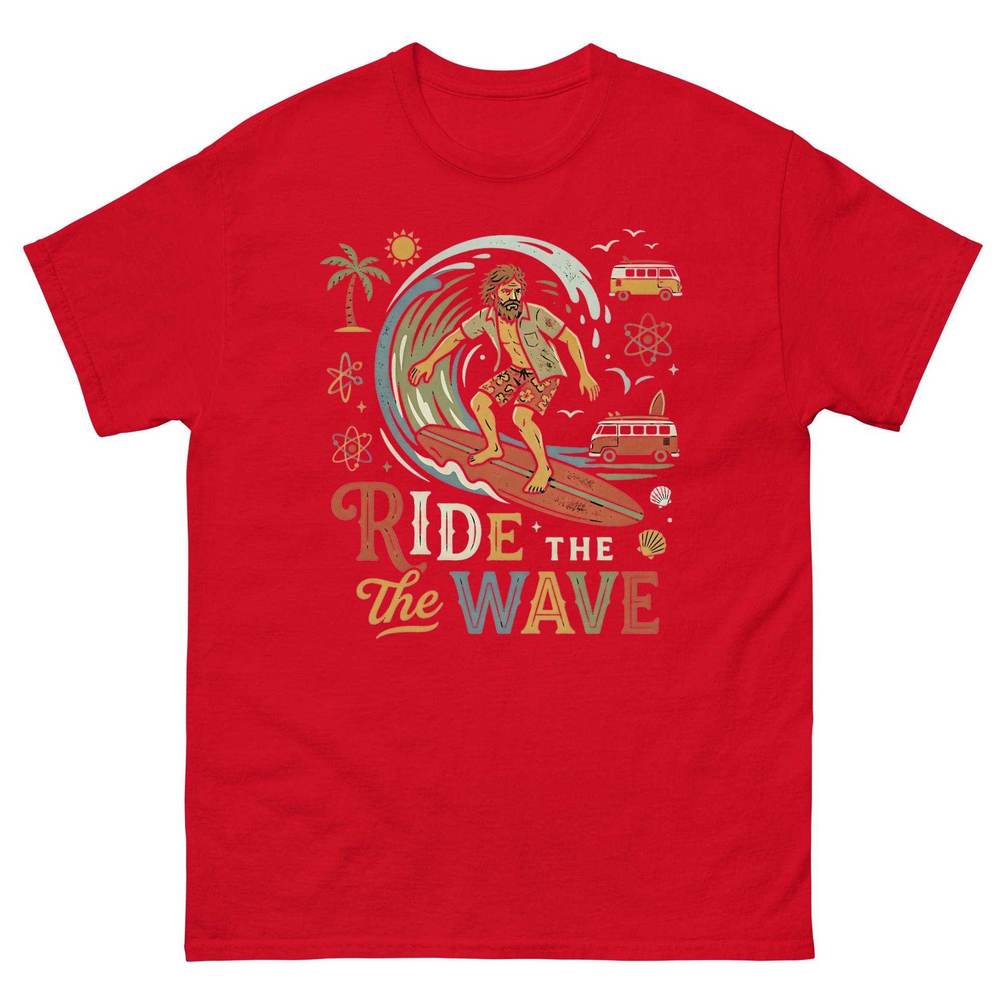 Ride the Wave Hawaiian t-shirt design on a Red unisex tee