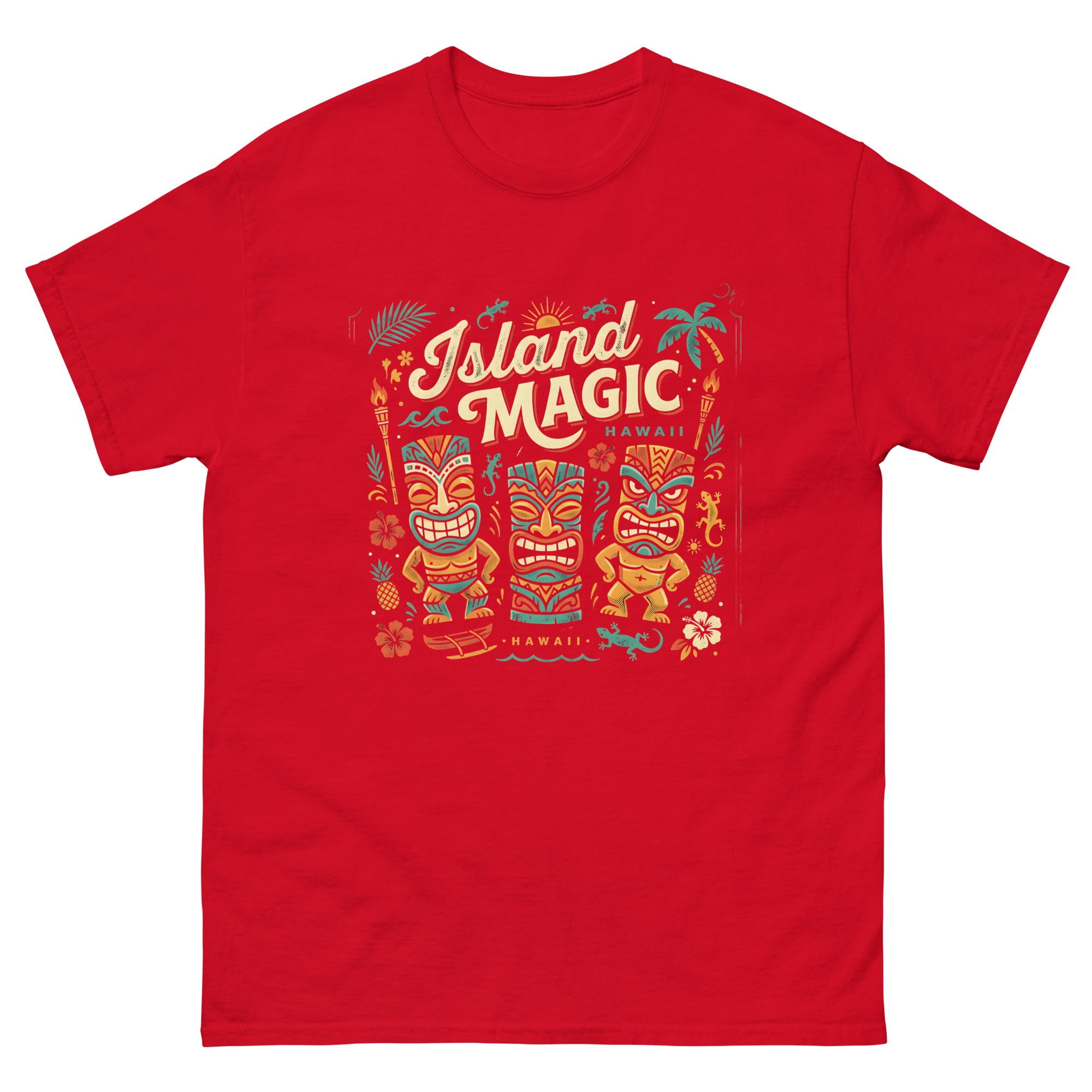 Tropical Tiki Nights v3 Hawaiian t-shirt design on a Red unisex tee