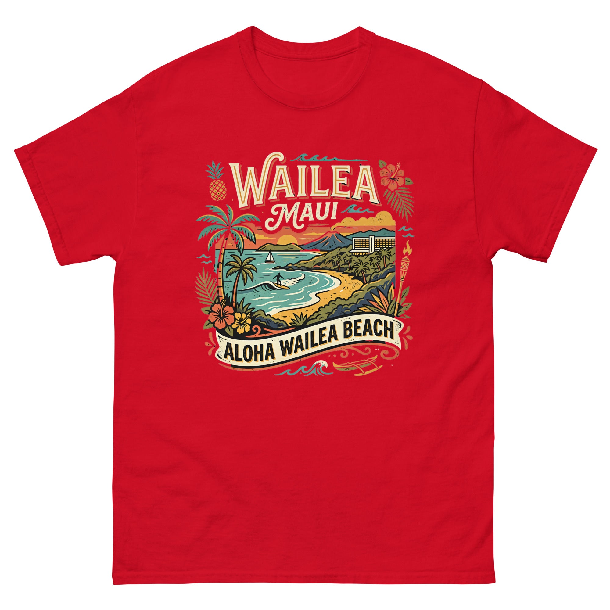 Wailea Maui Aloha Beach Hawaiian t-shirt design on a Red unisex tee