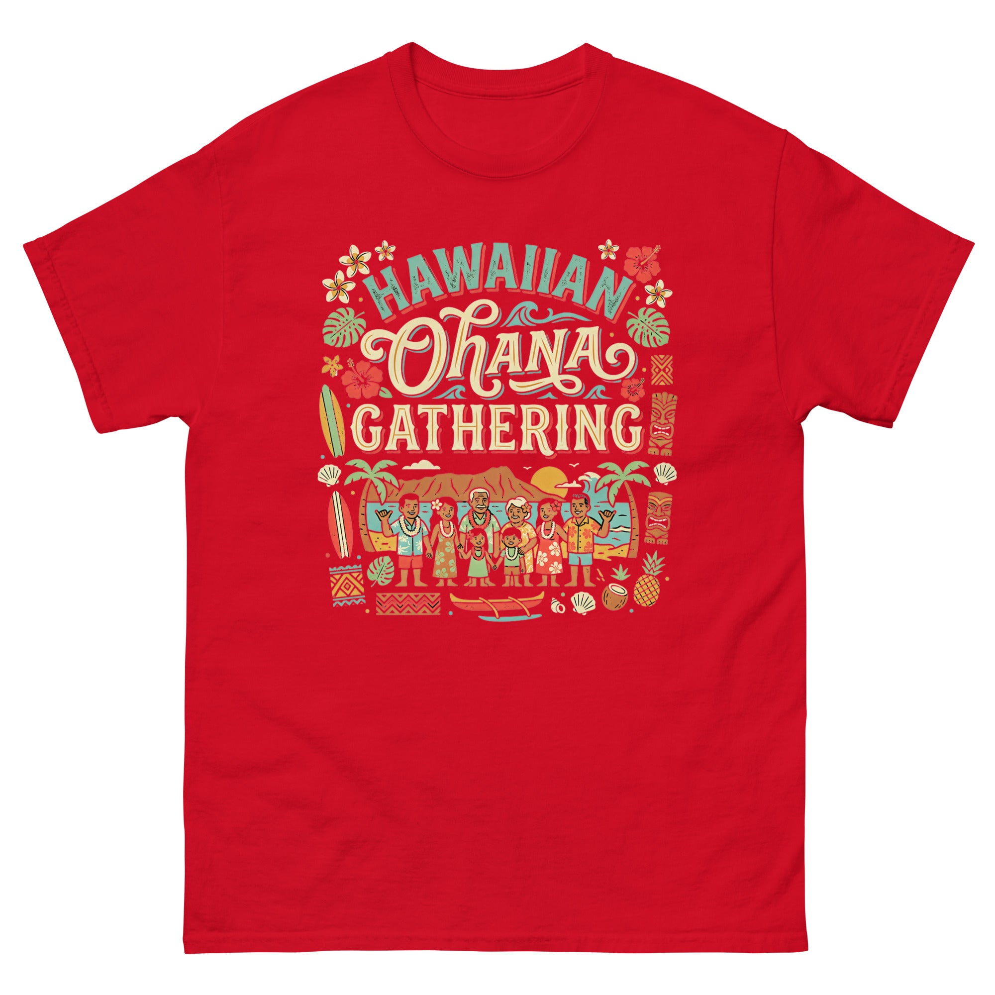 Ohana Family Reunion Gathering v3 Hawaiian t-shirt design on a Red unisex tee
