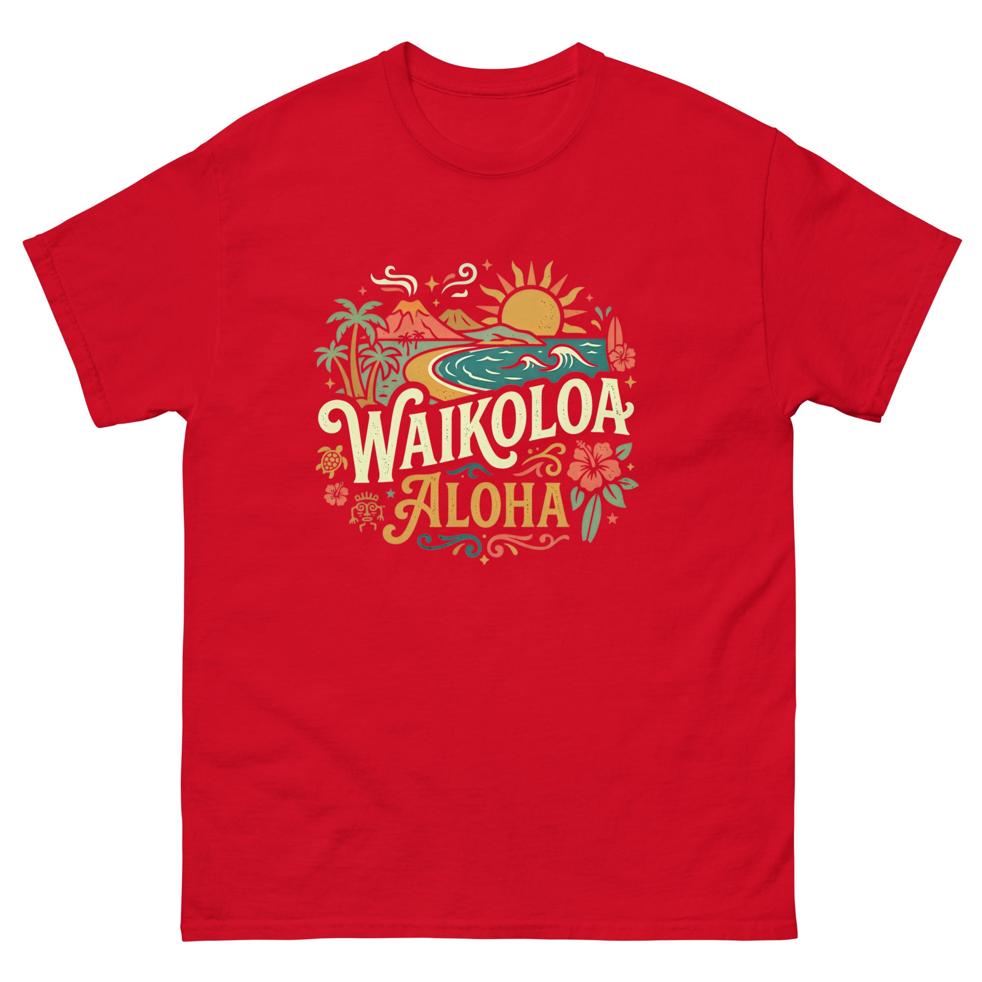Waikoloa Aloha Hawaiian t-shirt design on a Red unisex tee