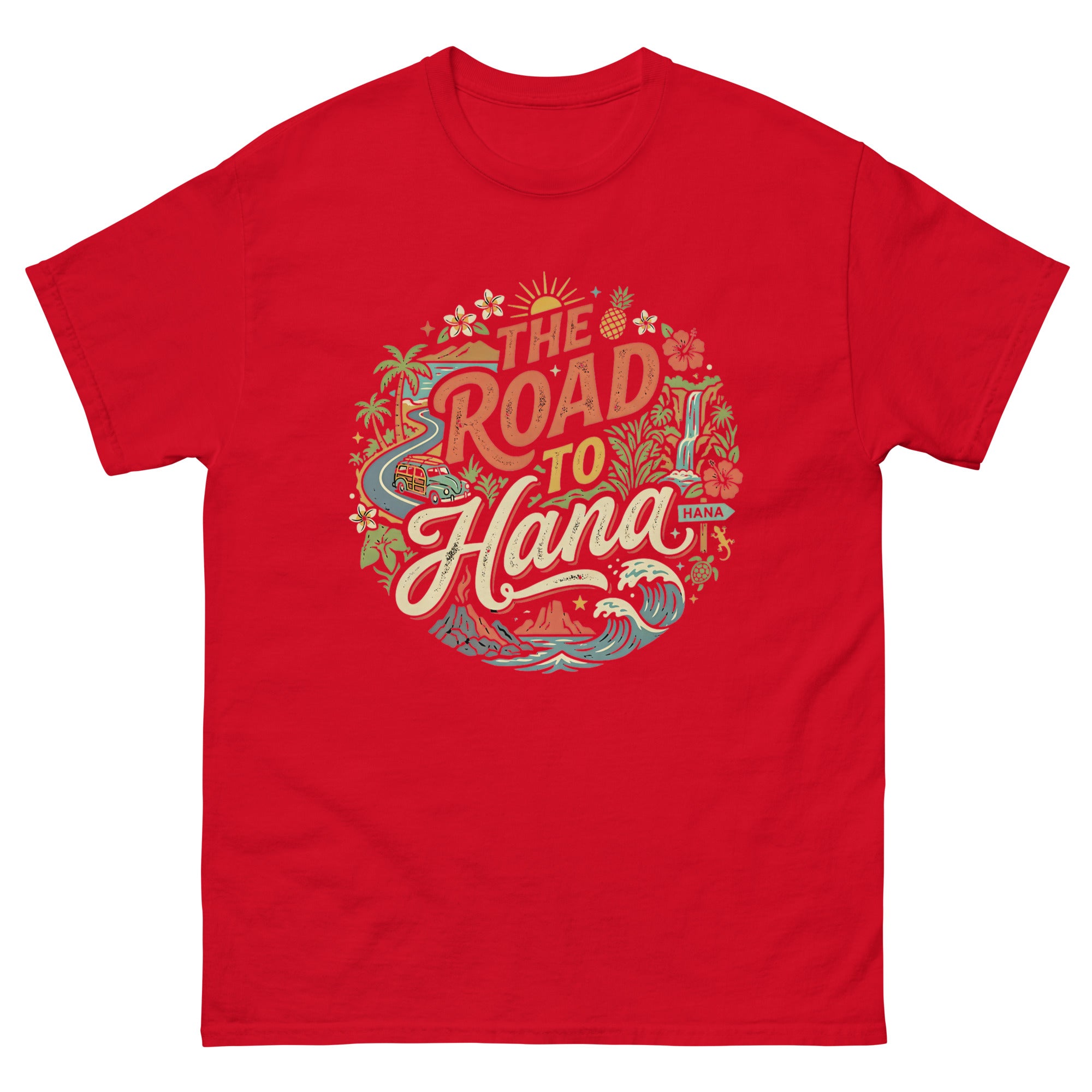 The Road to Hana Hawaiian t-shirt design on a Red unisex tee