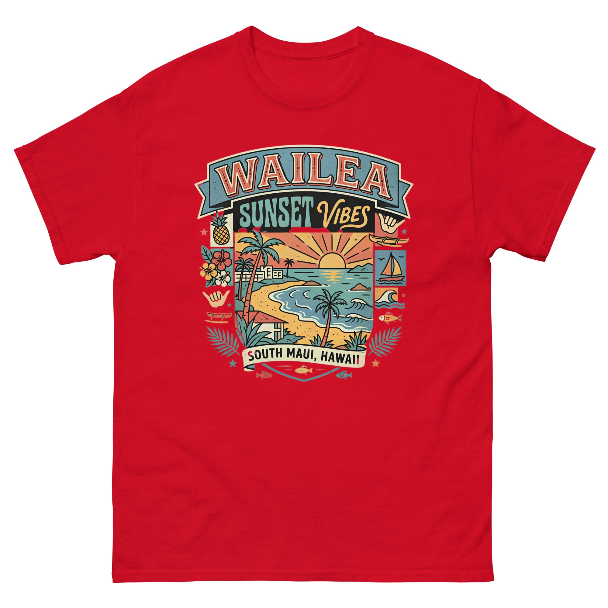 Wailea Maui Aloha Beach Hawaiian t-shirt design on a Red unisex tee