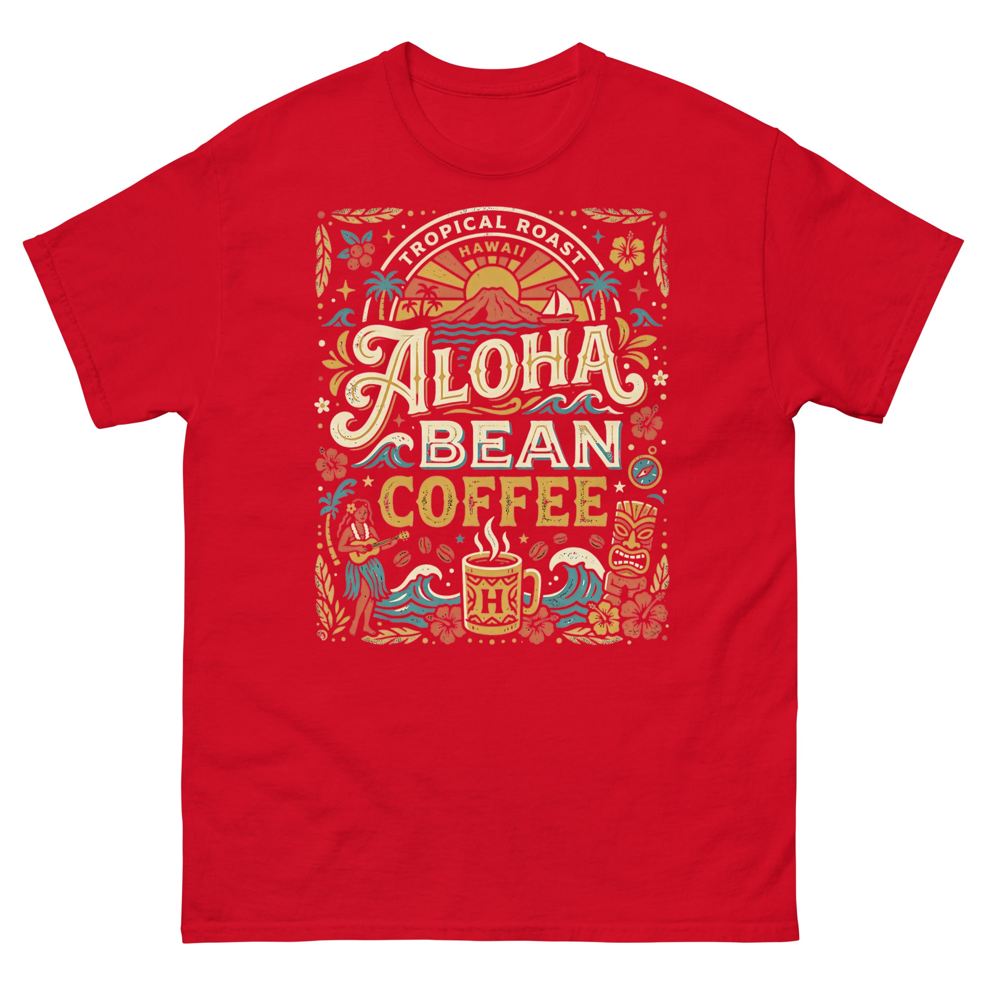 Tropical Roast Aloha Bean Coffee Hawaiian t-shirt design on a Red unisex tee