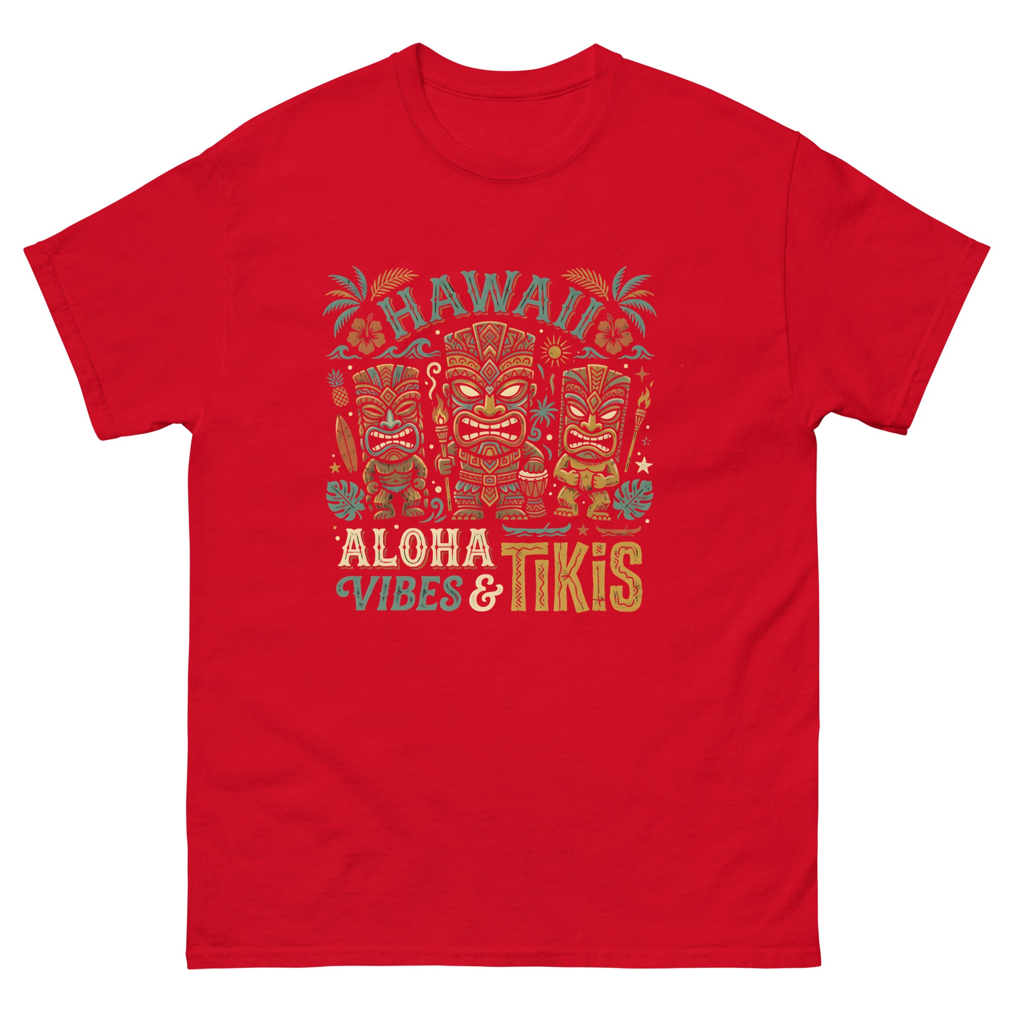 Tropical Tiki Nights v4 Hawaiian t-shirt design on a Red unisex tee