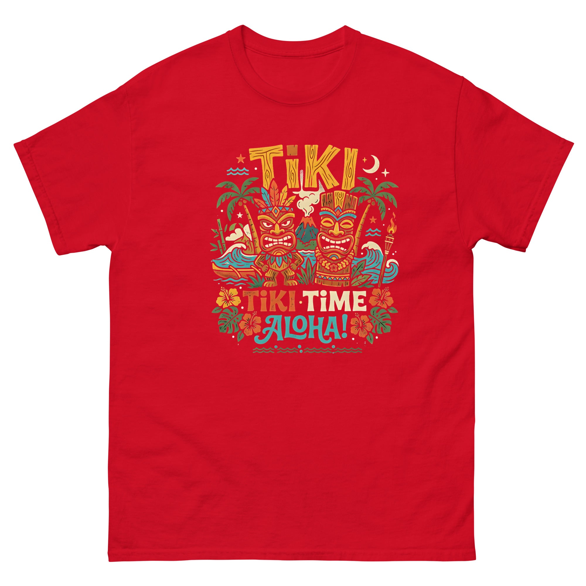 Tropical Tiki Nights v2 Hawaiian t-shirt design on a Red unisex tee