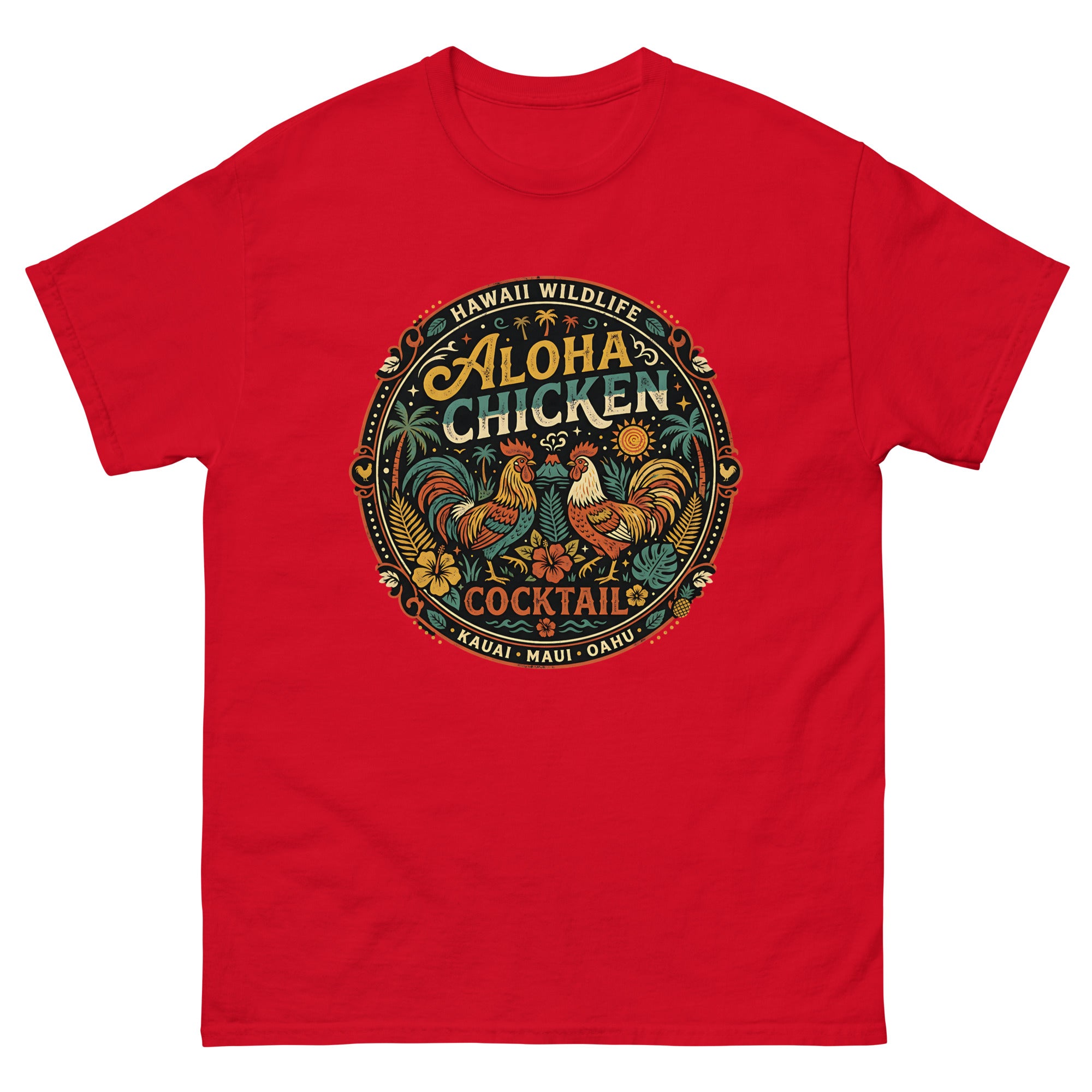Aloha Chicken Kauai Hawaiian t-shirt design on a Red unisex tee