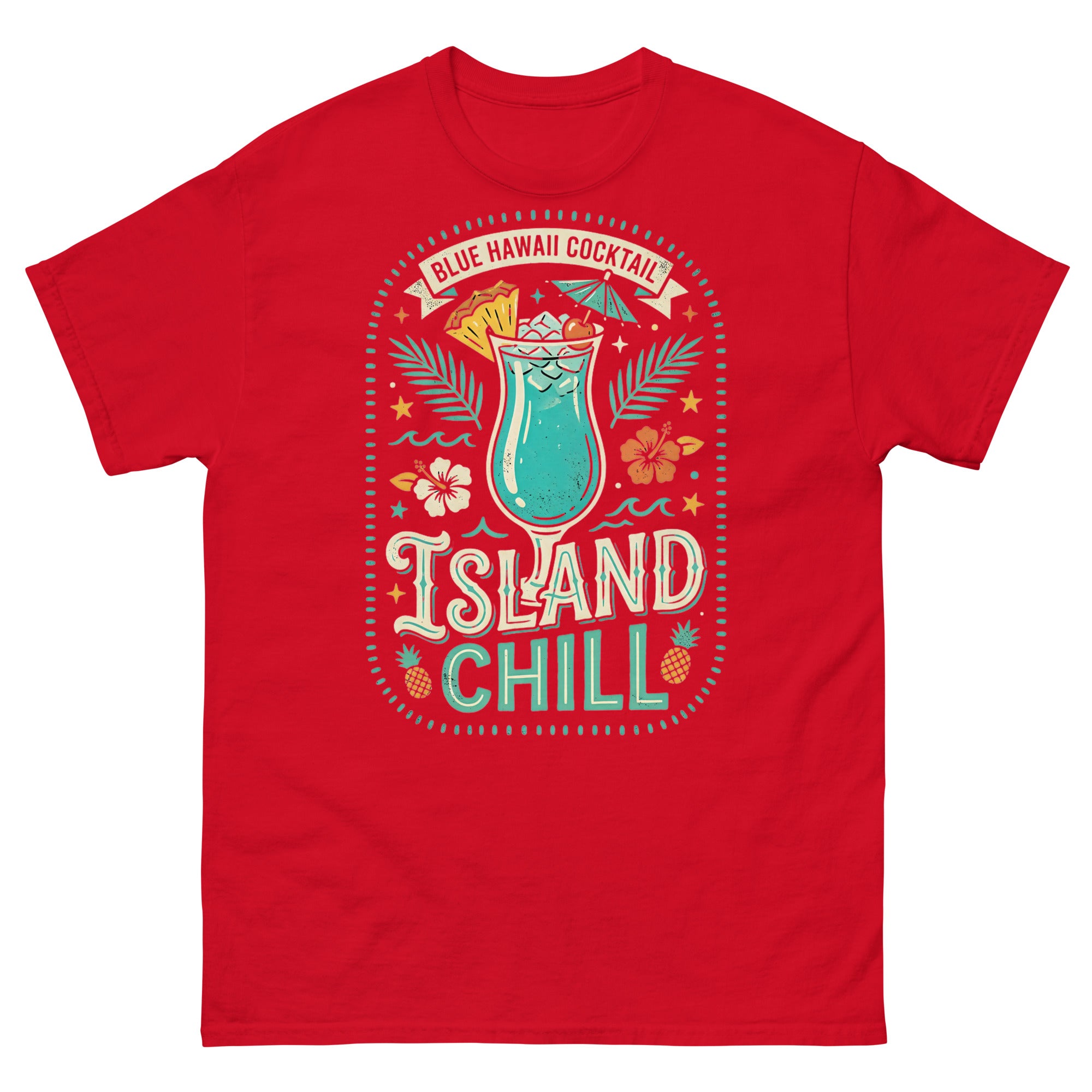 Blue Hawaii Island Paradise Hawaiian t-shirt design on a Red unisex tee