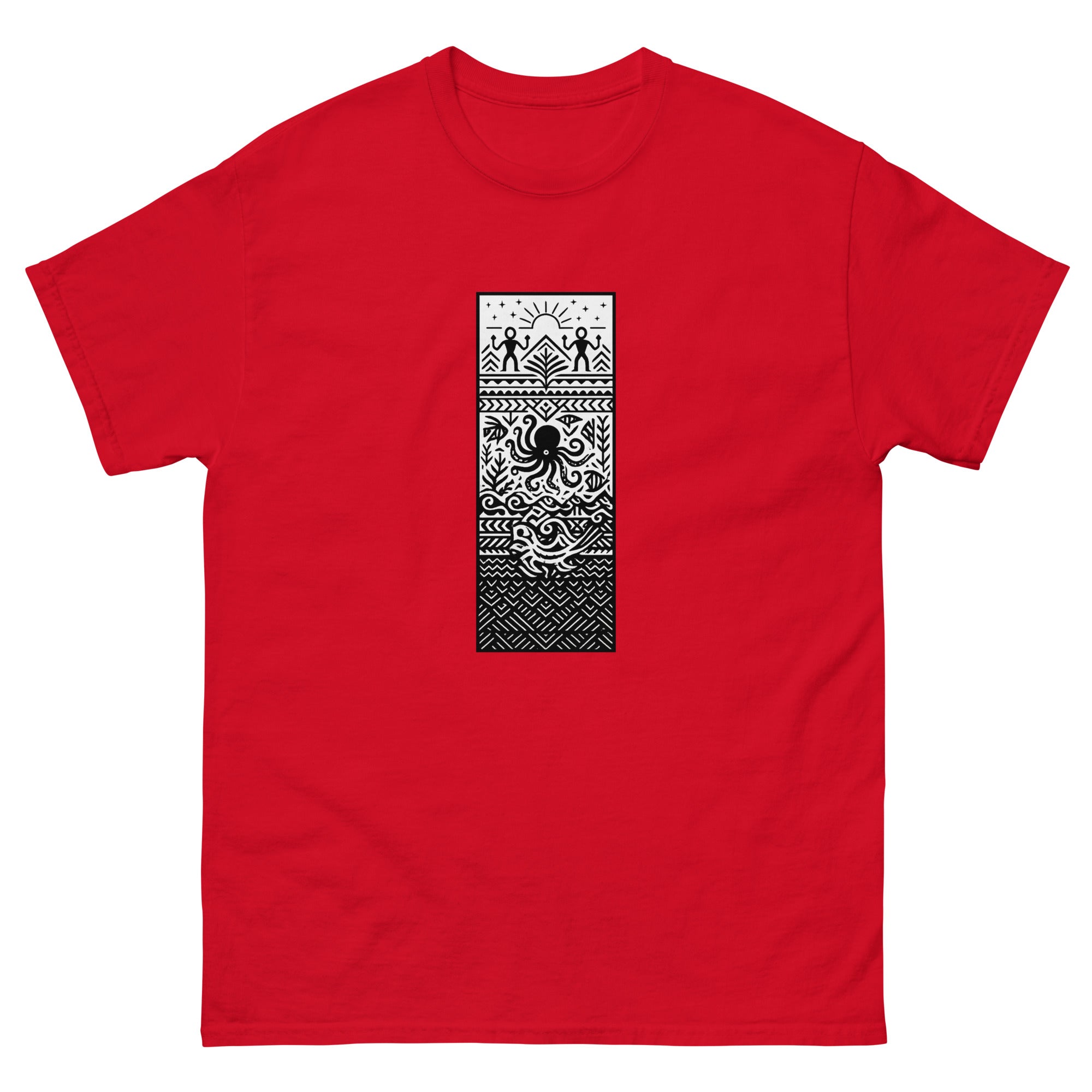 Kumulipo Panel Hawaiian t-shirt design on a Red unisex tee